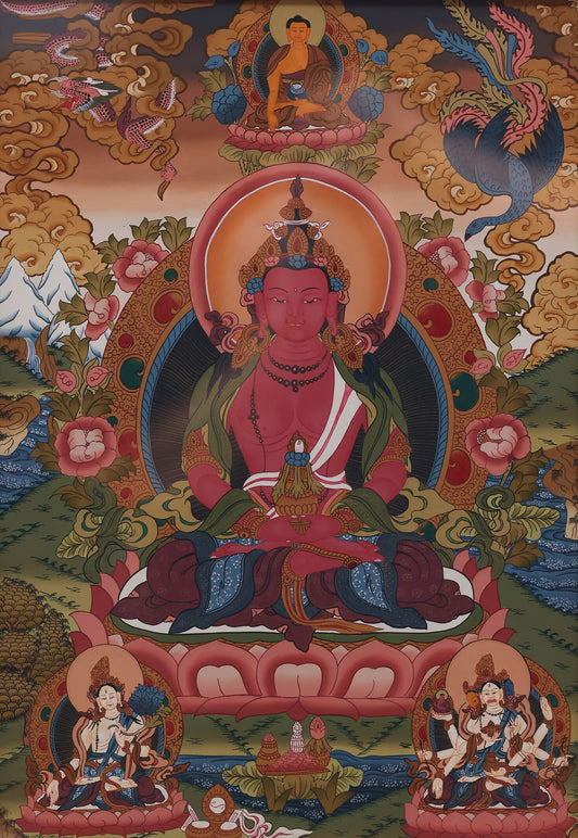 Hand-painted Tibetan Thangka of Amitayus in the Long Life Pure Land, depicting vibrant colors and sacred symbols for longevity.