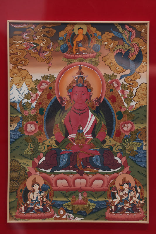 Detailed Thangka of Amitayus, the Buddha of Infinite Life, seated on a lotus throne in the serene Long Life Pure Land