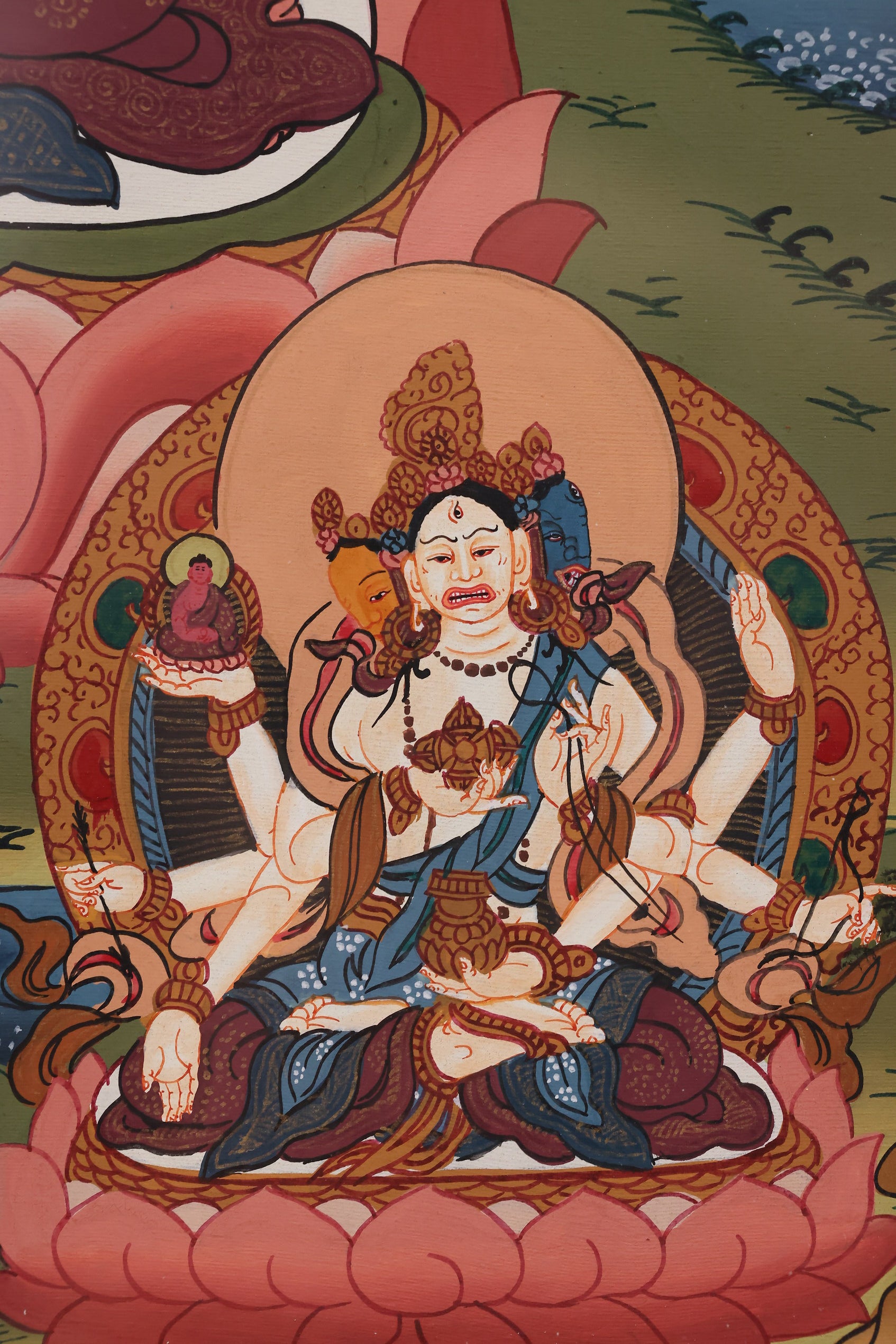 Exquisite Tibetan Thangka of Amitayus, highlighting serene expression and rich colors of the Long Life Pure Land