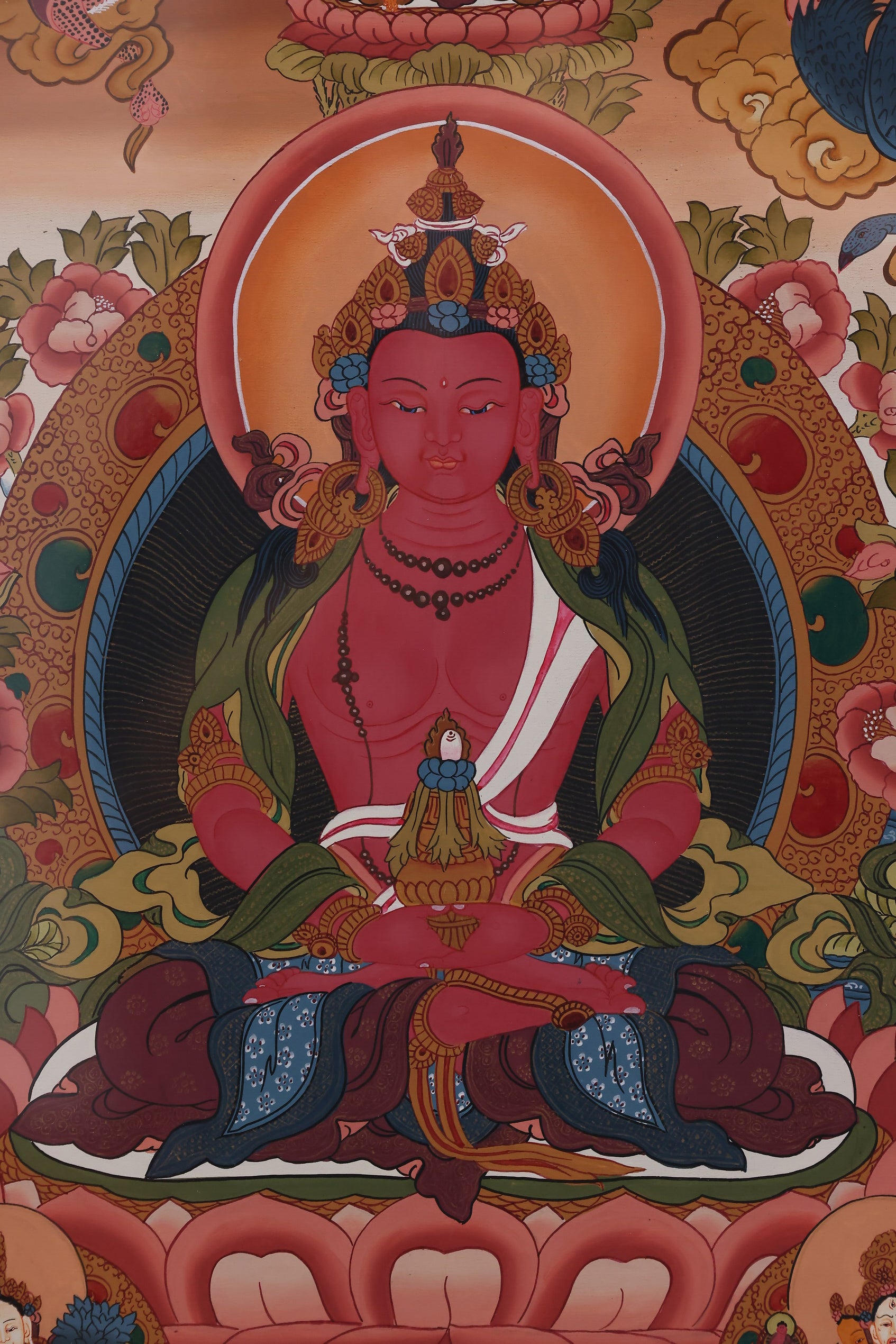Vivid hand-painted depiction of Amitayus in the Long Life Pure Land, emphasizing spiritual protection and well-being