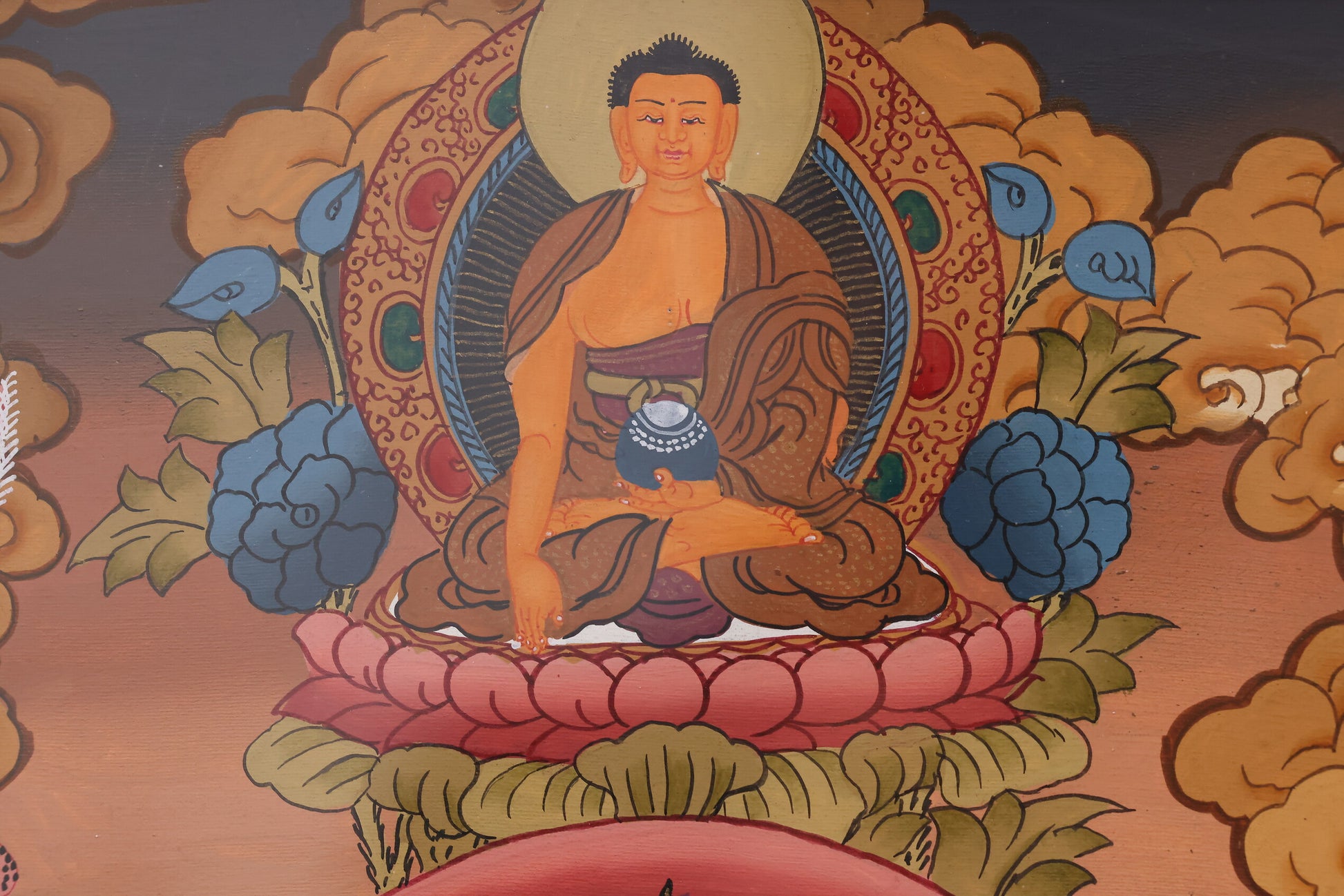 Hand-painted Amitayus Thangka showing sacred mudras and offerings, embodying the Buddha’s longevity blessings