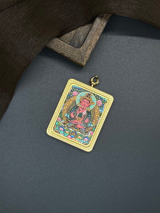 Hand-painted Nepal Amitayus (长寿佛) Thangka pendant 3.5x4.5cm with titanium casing featuring the Buddha of Longevity, representing the increase of fortune and longevity in Buddhist tradition.

