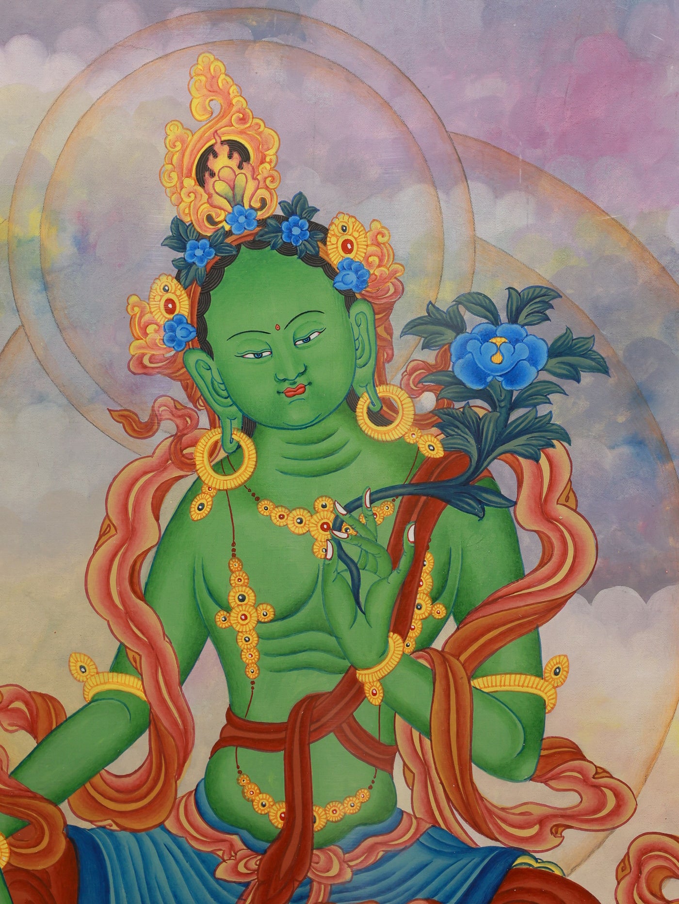 Green Tara bodhisattva color thangka symbolizing compassion, blessings, and enlightened activity