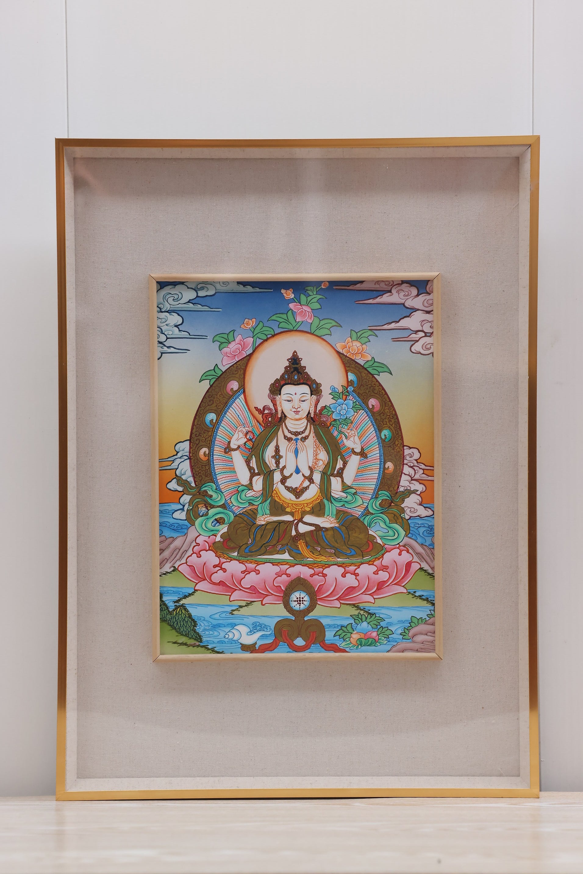 Handcrafted Tibetan color thangka of Four-Armed Chenrezig, embodying compassion, blessings, and mindfulness