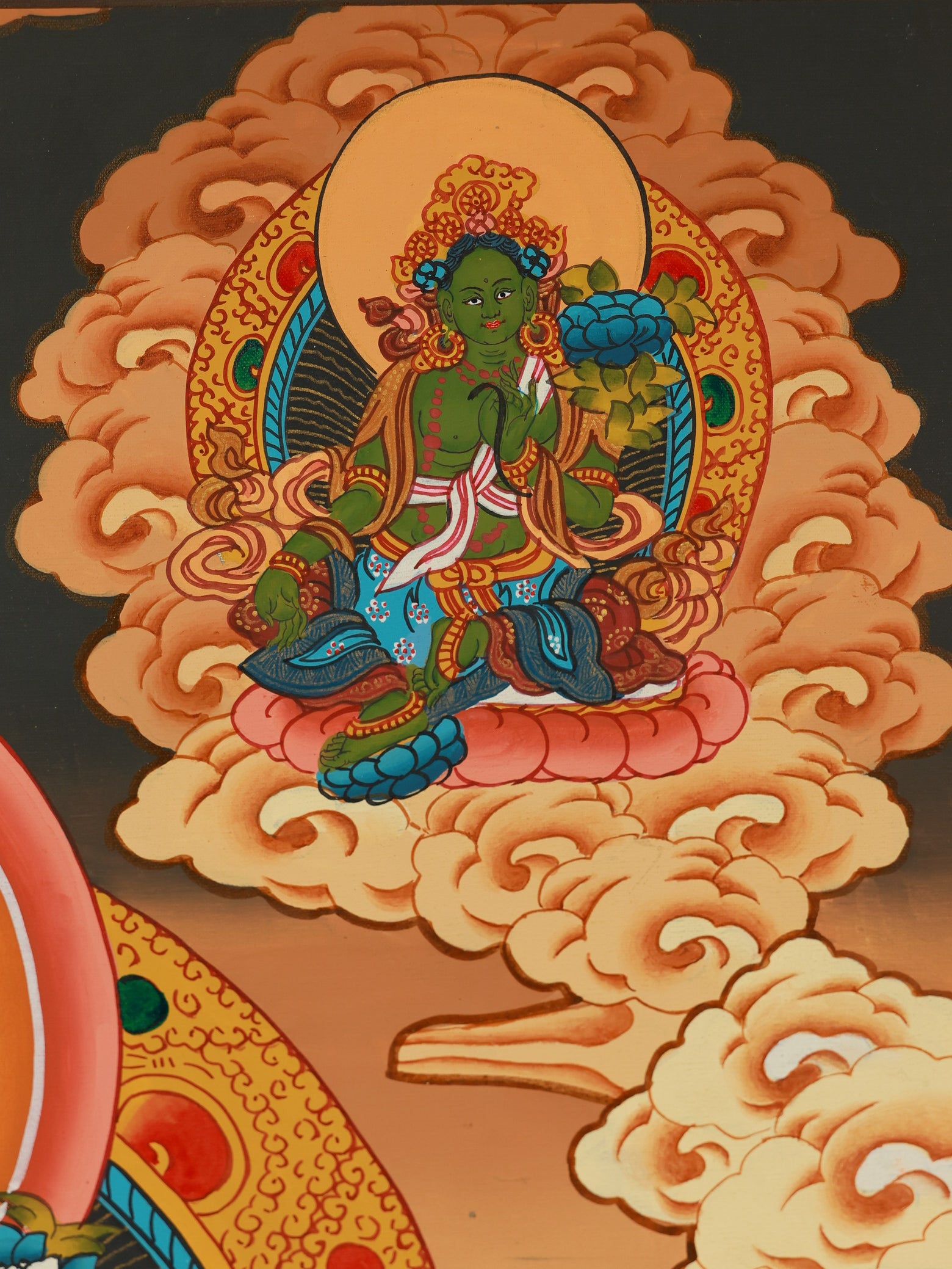 Sacred Four-Armed Chenrezig Thangka, crafted with traditional Tibetan painting techniques.