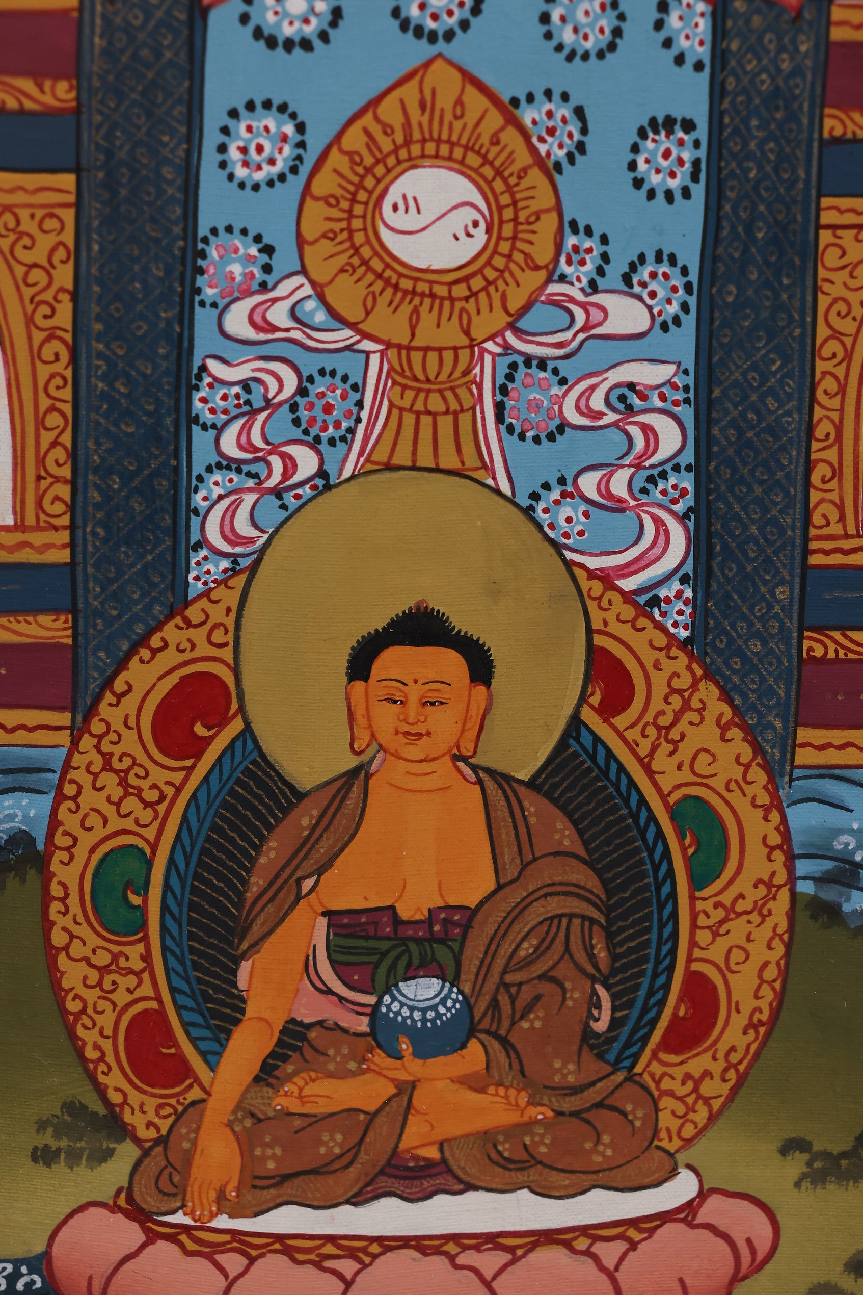 Hand-painted Tibetan Buddhist healing mandala thangka focused on the Medicine Buddha and holistic well-being.