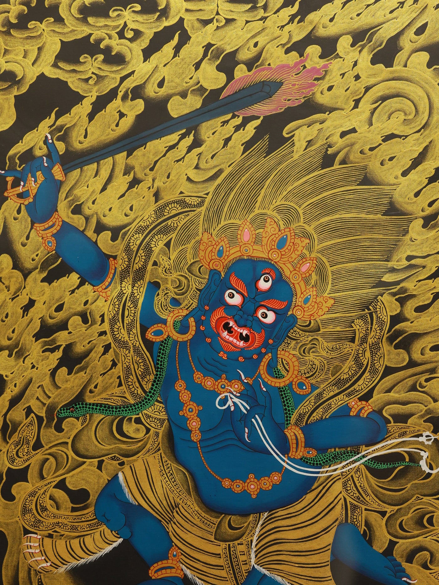 Acala Mahakala as the Vajra Holder in a black and gold Thangka, wielding a vajra (thunderbolt scepter) and a lasso, symbolizing immovability and the binding of delusions.