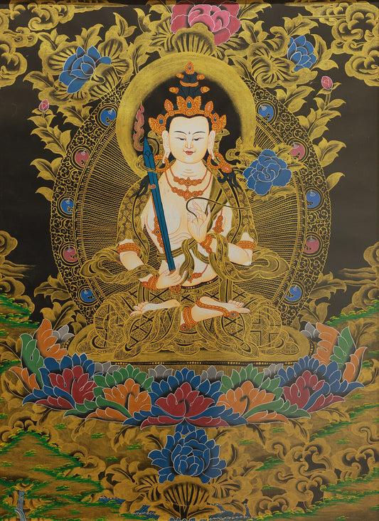 Black gold Tibetan thangka depicting Akashagarbha Bodhisattva, symbol of infinite wisdom and boundless merit in Vajrayana Buddhism