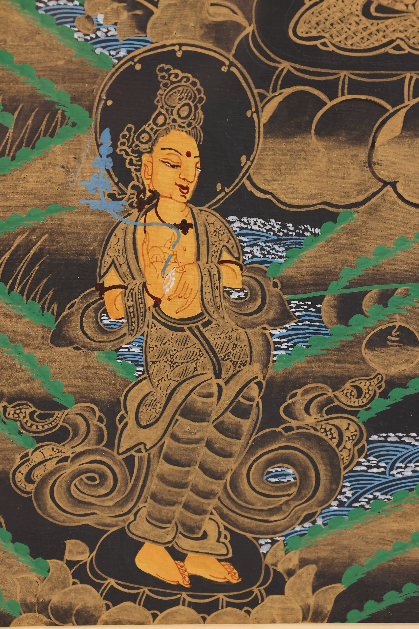 Handpainted Akashagarbha Thangka – traditional Tibetan Buddhist art for merit growth and obstacle clearing.

