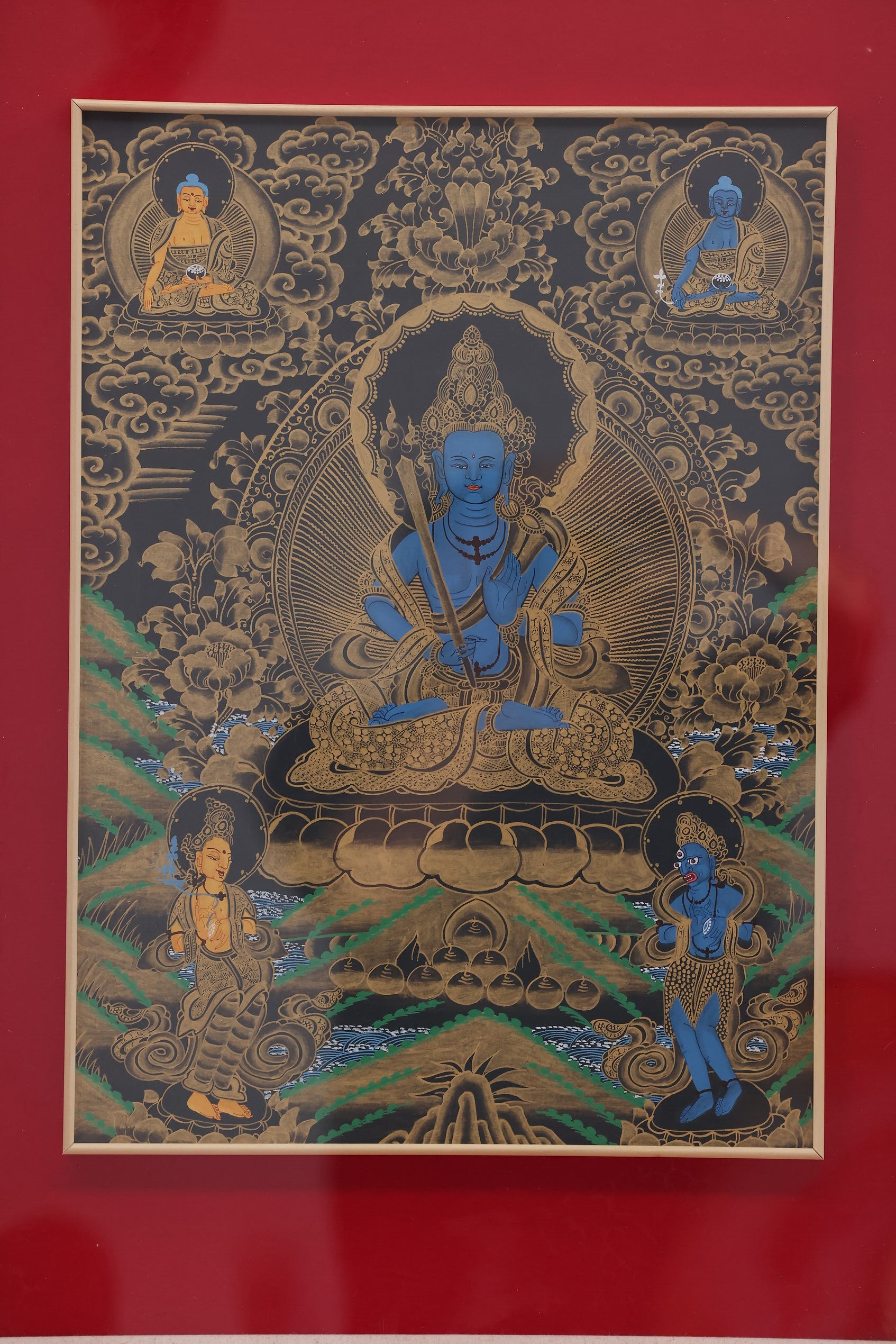 Black-Gold Akashagarbha Wisdom Blessings Thangka – Tibetan Buddhist art for receiving insight and enlightenment blessings.