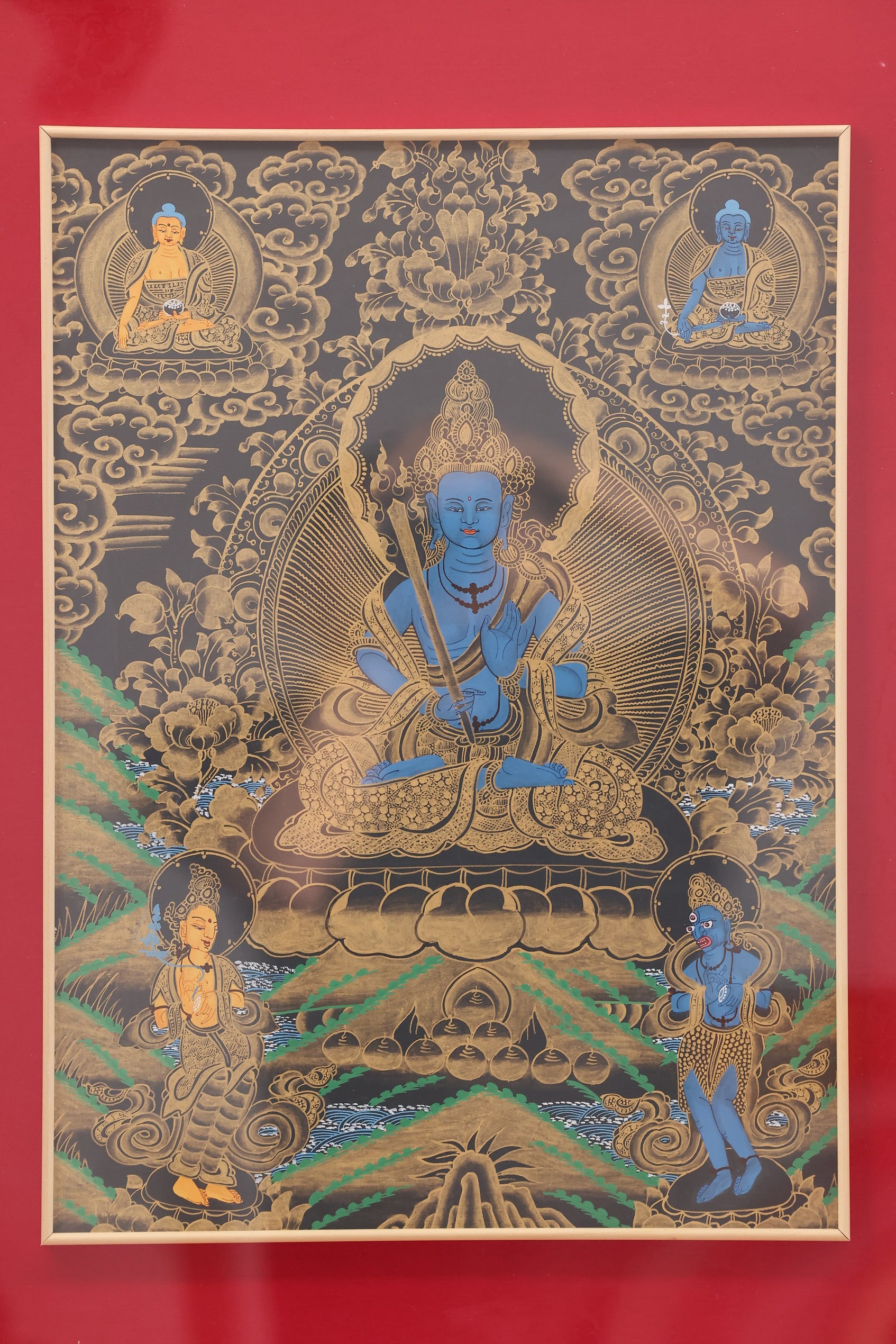 Black-Gold Akashagarbha Wisdom Protection Thangka – Tibetan Buddhist art for clearing ignorance and spiritual blockages.
