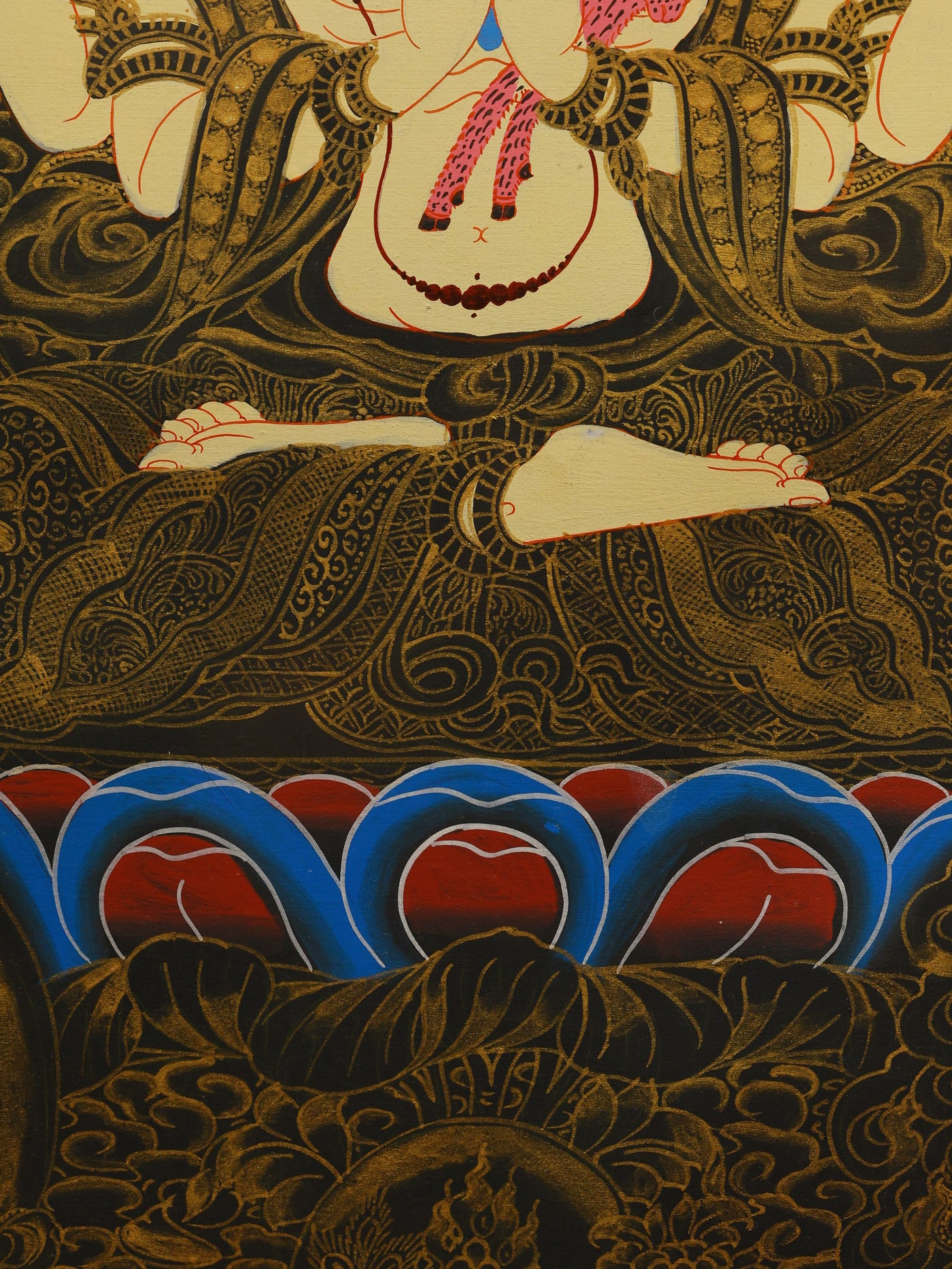 Four-Armed Avalokiteshvara Thangka in black and gold, depicting compassion and wisdom through sacred iconography.