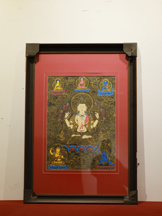 Detailed view of Black Gold Four-Armed Avalokiteshvara Thangka, showing intricate gold accents and sacred symbols.