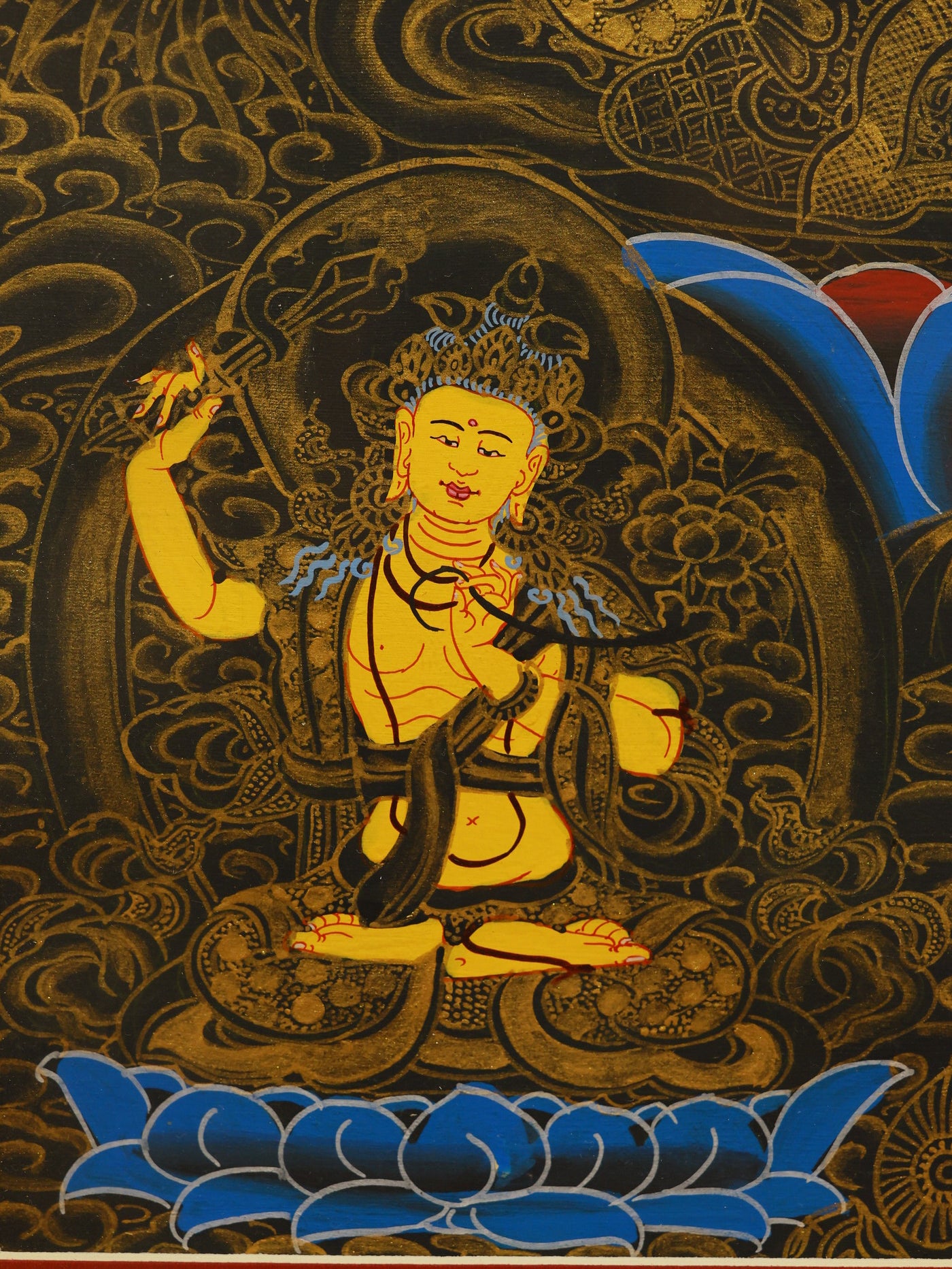 Tibetan Black Gold Four-Armed Avalokiteshvara Thangka showing serene facial expression and sacred hand gestures.