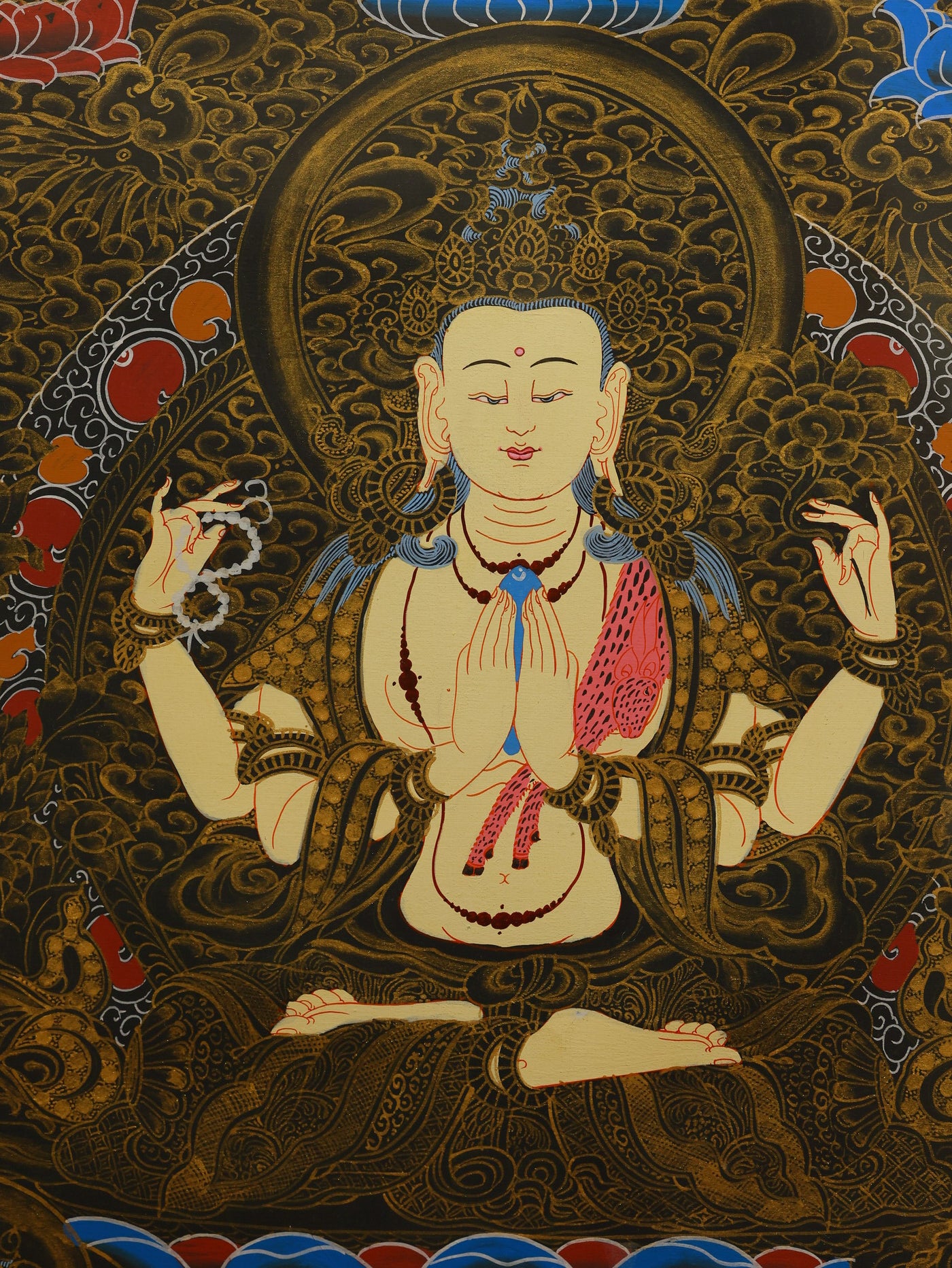 High-quality hand-painted Black Gold Avalokiteshvara Thangka, featuring four arms holding traditional ritual objects.