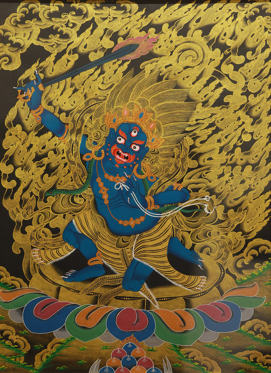 Tibetan Buddhist Black and Gold Acala Mahakala Protector Thangka, depicting his wrathful demeanor and wisdom energy.
