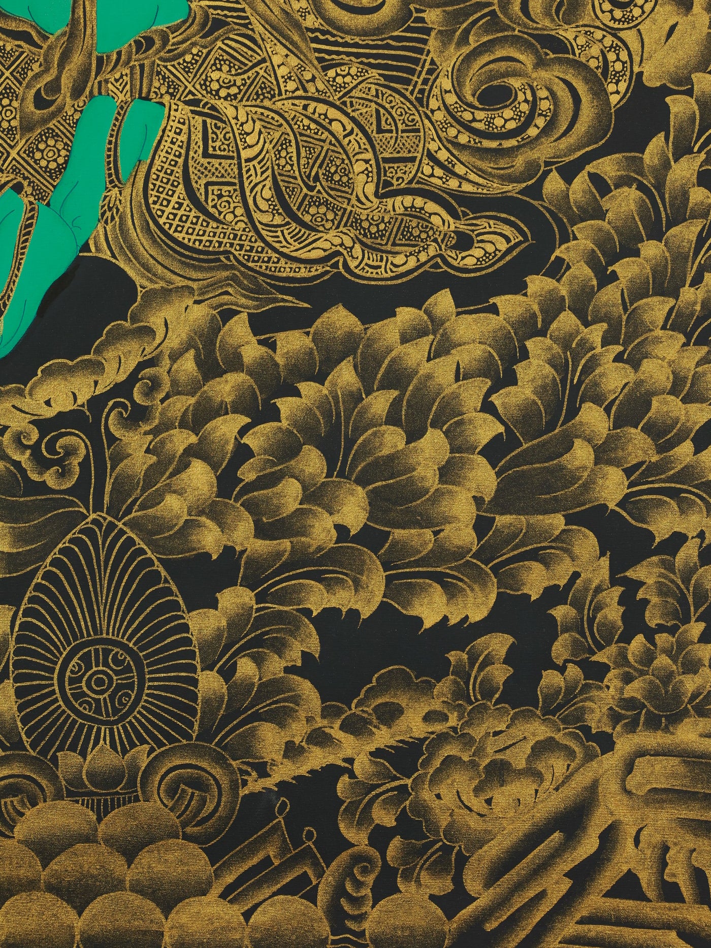 Vajrayana Green Tara portrayed in a black gold thangka for spiritual practice