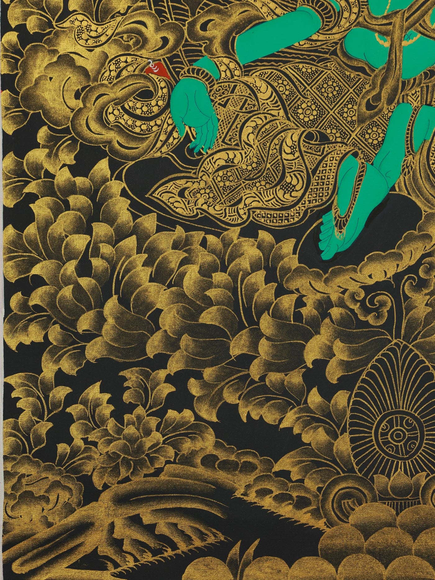 Sacred Tibetan Green Tara thangka rendered in black gold devotional style