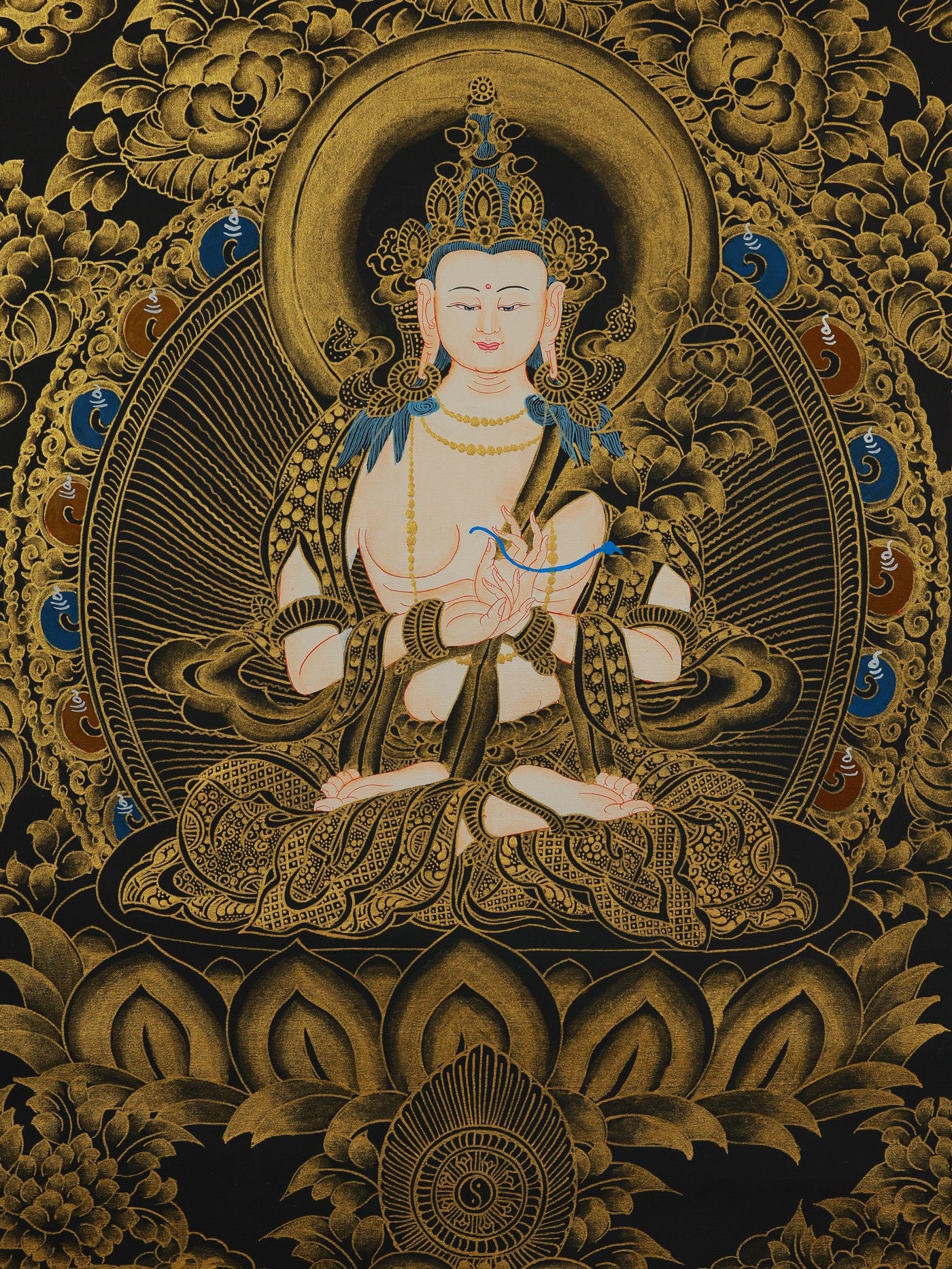 Black and gold Tibetan Buddhist Mahasthamaprapta Bodhisattva thangka, hand-painted sacred artwork"