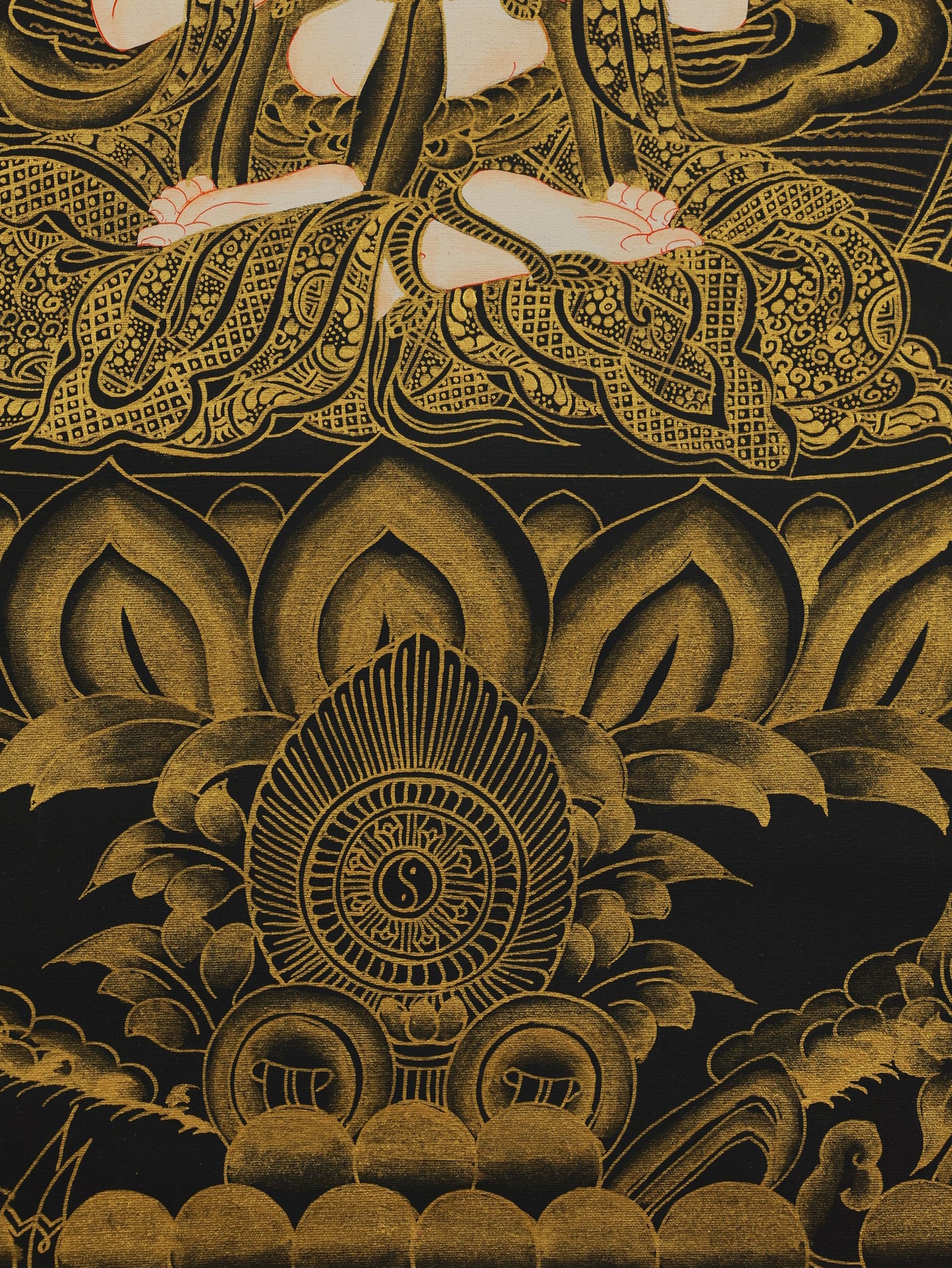 Intricate black and gold Tibetan Buddhist painting featuring Mahasthamaprapta Bodhisattva"