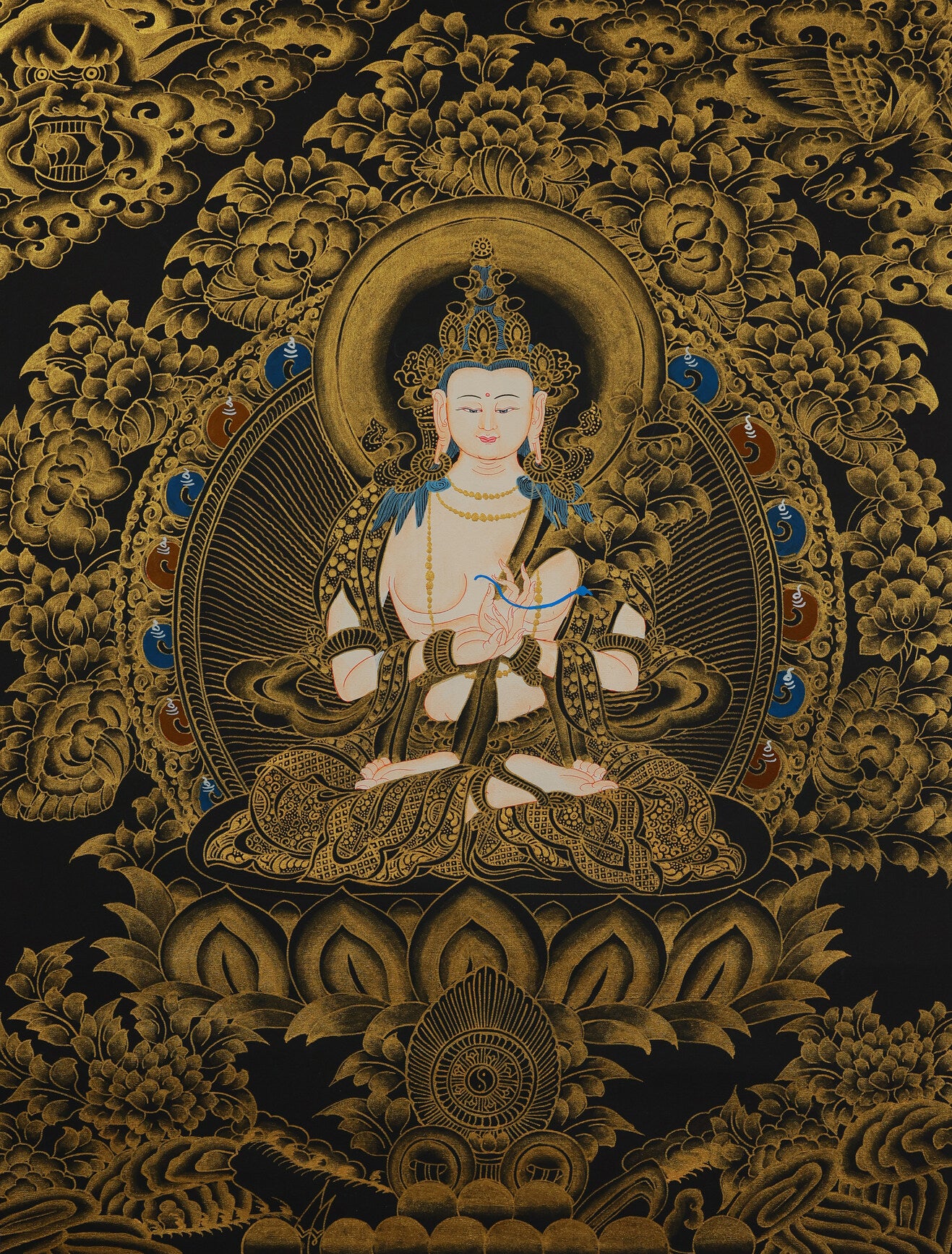 Handcrafted Tibetan thangka of Mahasthamaprapta Bodhisattva in black and gold, spiritual meditation tool"