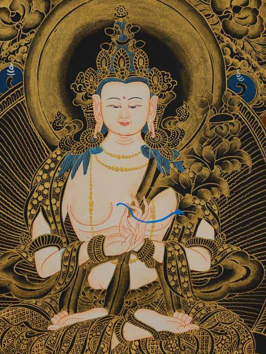 Detailed black-gold Mahasthamaprapta Bodhisattva thangka with traditional Tibetan iconography"