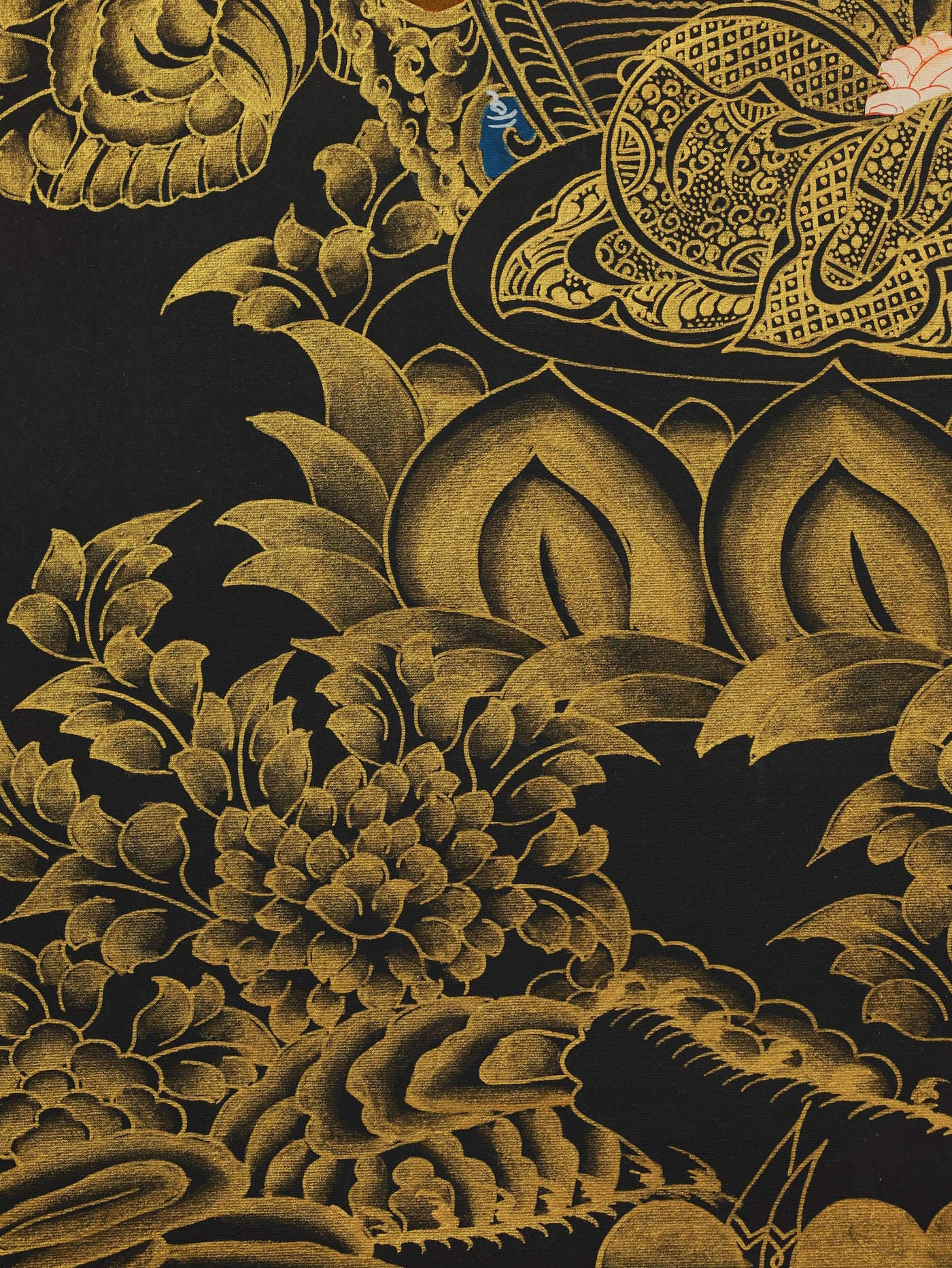 "Traditional Tibetan thangka depicting Mahasthamaprapta Bodhisattva with black-gold contrast"