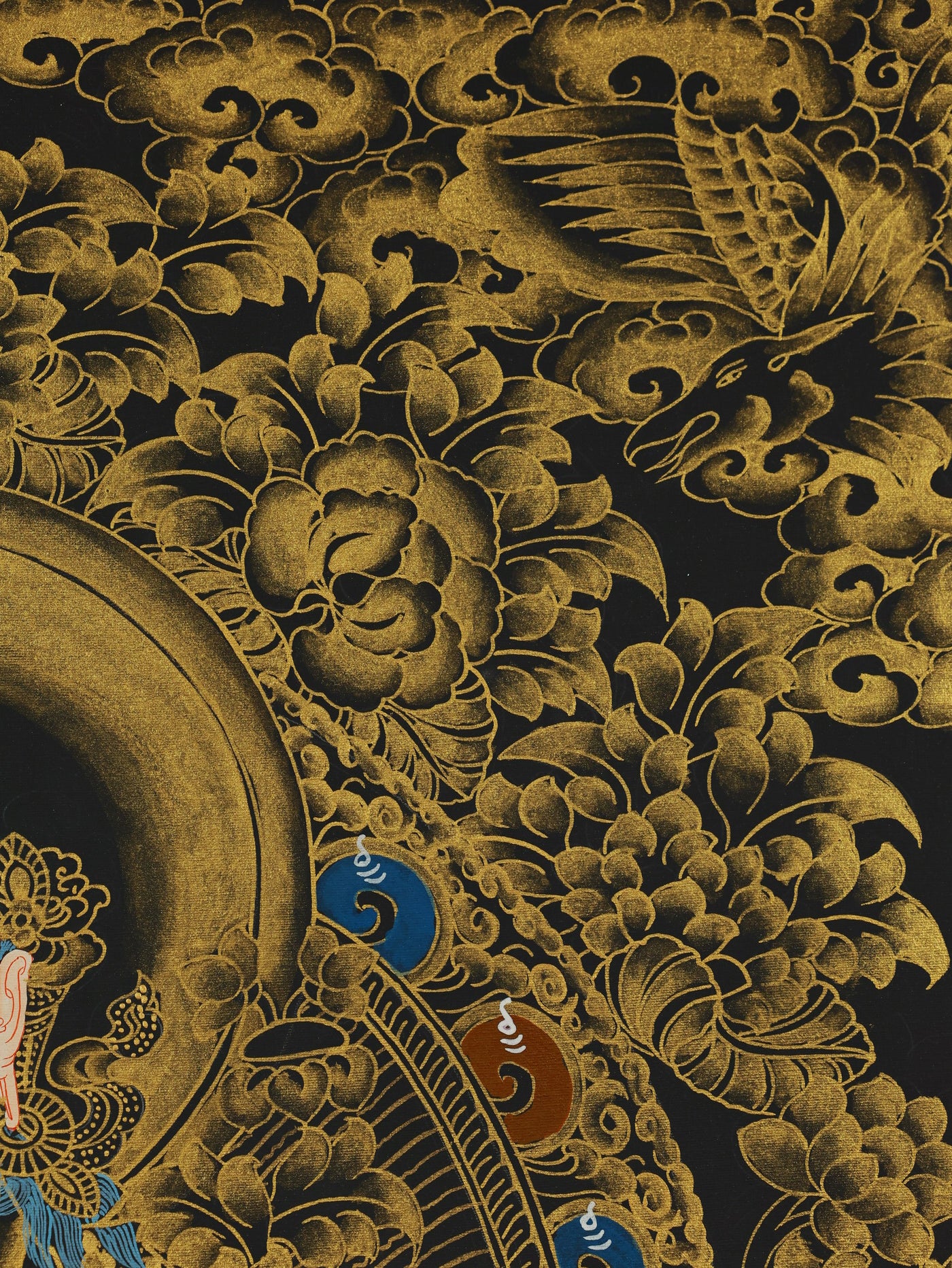 "Sacred hand-painted Mahasthamaprapta Bodhisattva thangka in black and gold, Buddhist art"