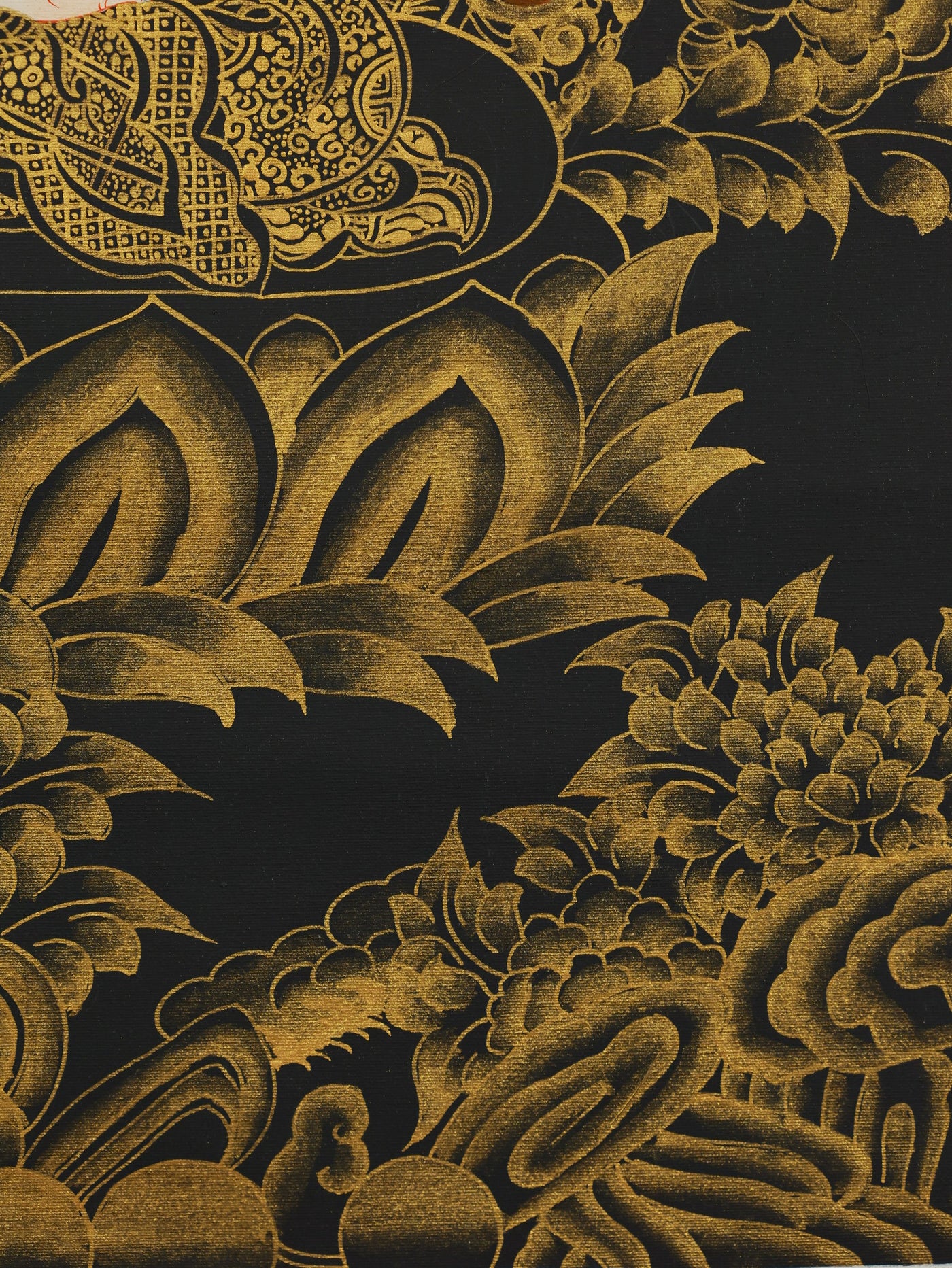"Tibetan Buddhist Mahasthamaprapta Bodhisattva in elegant black-gold thangka design"