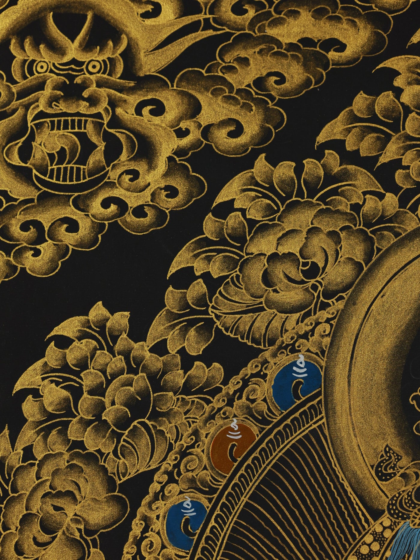 "Black-gold Mahasthamaprapta Bodhisattva thangka, traditional iconography with spiritual symbolism"