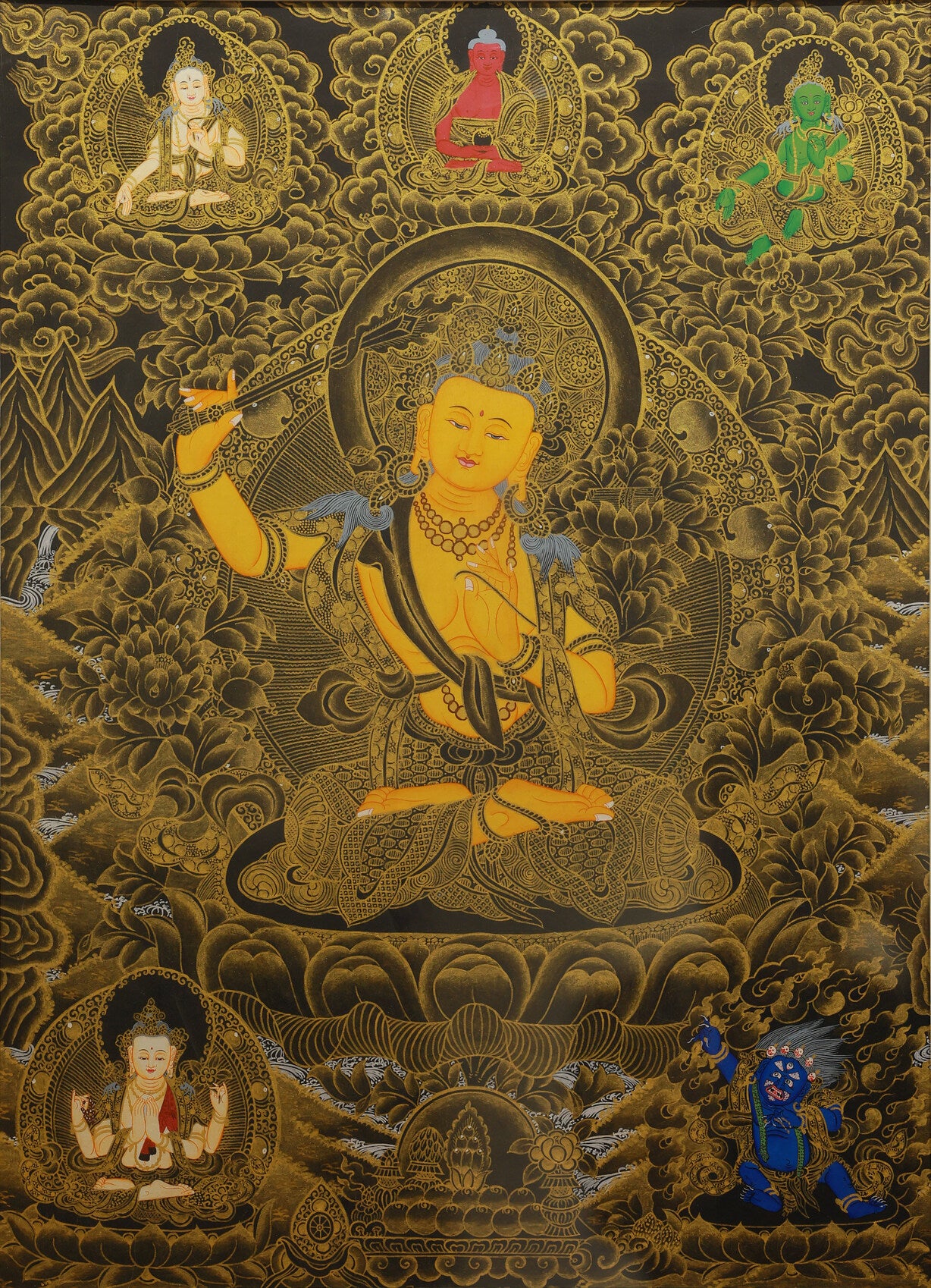 Black and gold Manjushri Thangka painting from Tibetan Buddhist culture, depicting the Bodhisattva of wisdom