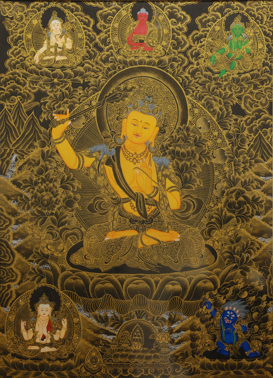 Black and gold Manjushri Thangka painting from Tibetan Buddhist culture, depicting the Bodhisattva of wisdom