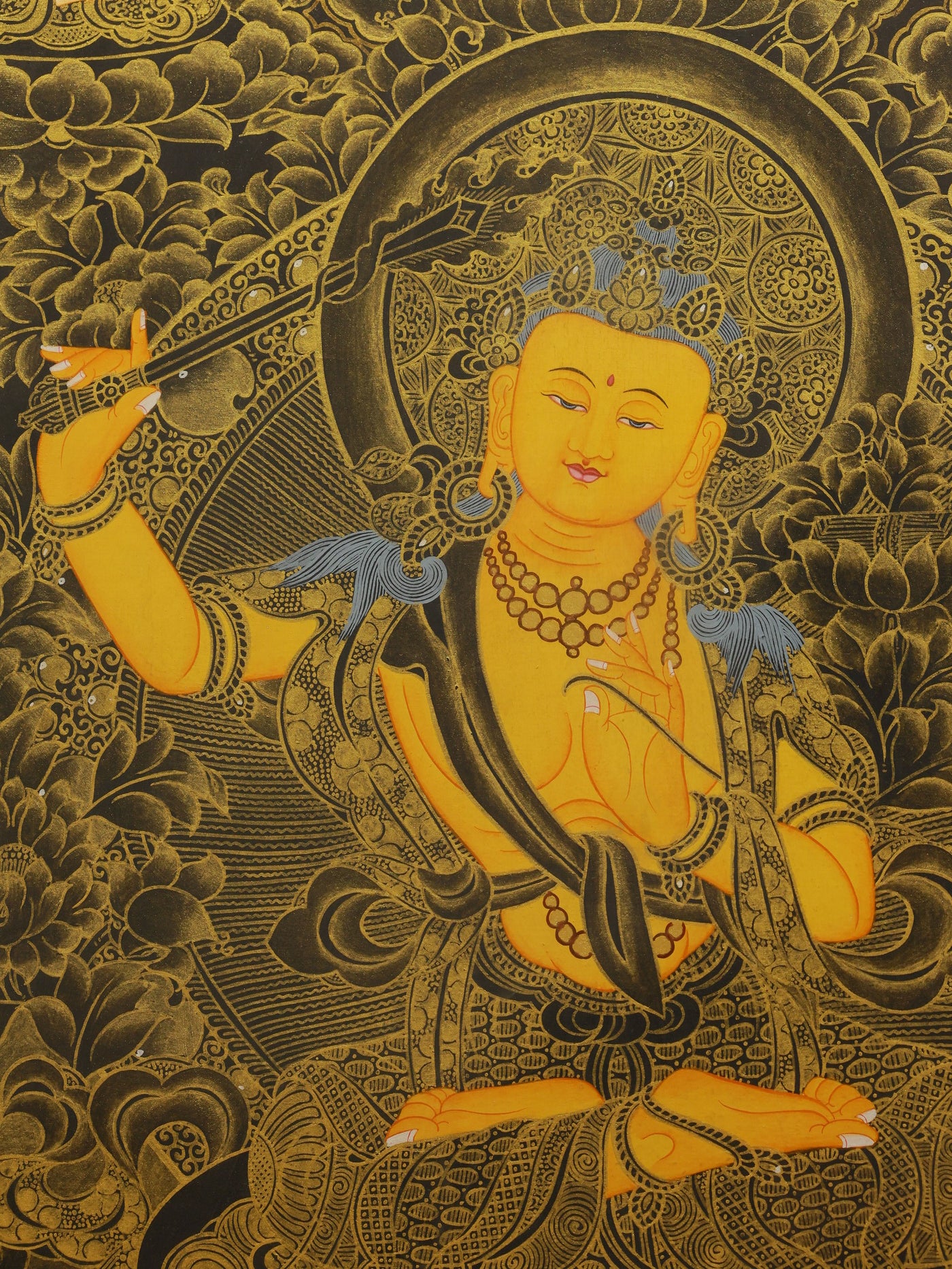 Tibetan Buddhist black gold Manjushri Bodhisattva artwork, richly detailed Thangka painting.
