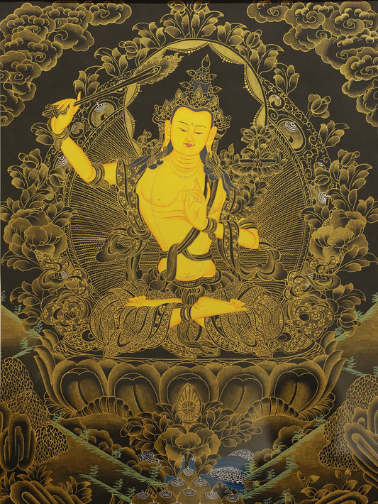 Black gold Manjushri Tibetan thangka depicting the Bodhisattva of wisdom in traditional Tibetan Buddhist sacred art.