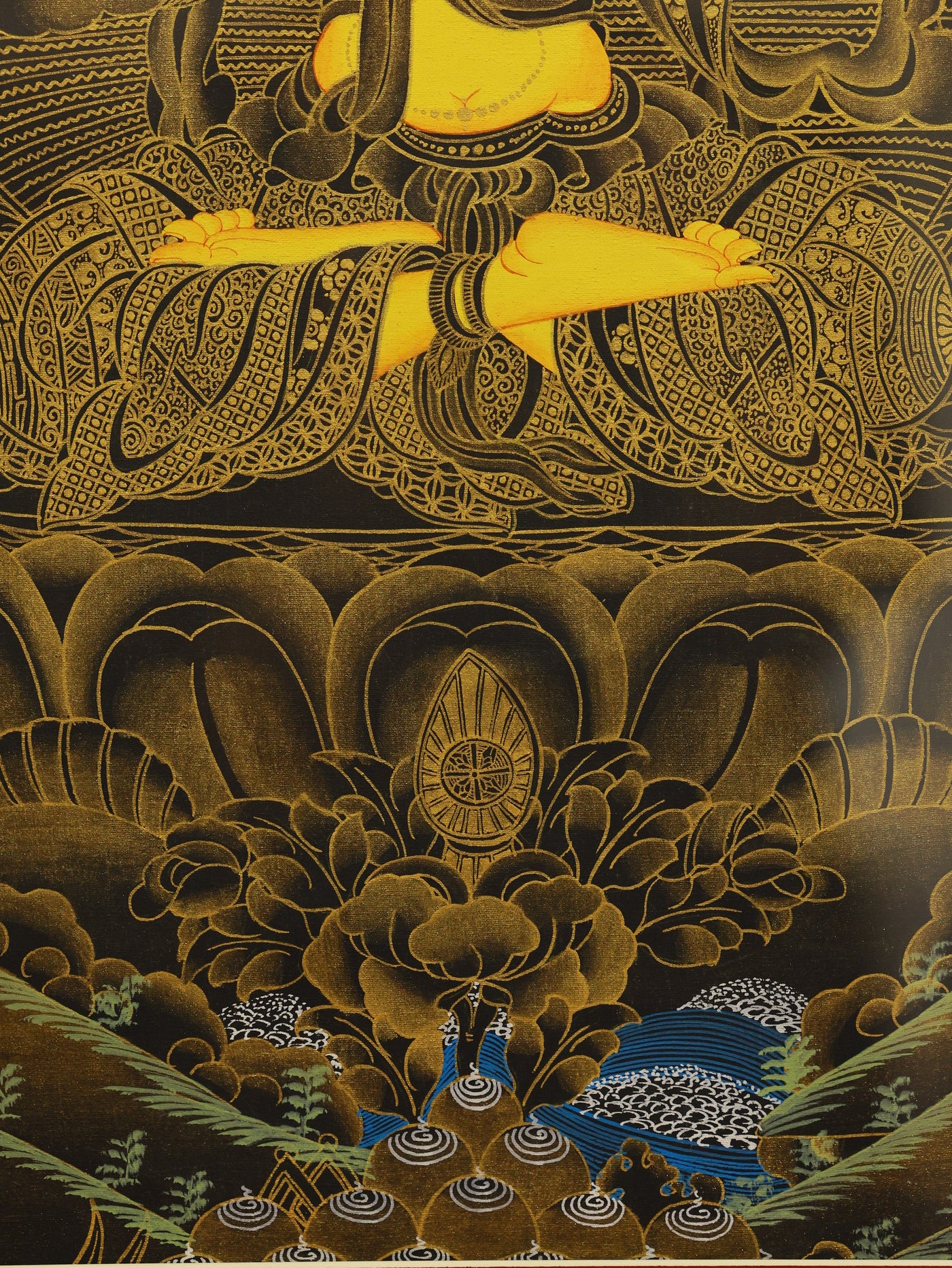 Tibetan Buddhist black gold Manjushri thangka illustrating the wisdom deity revered in Mahayana Buddhism.