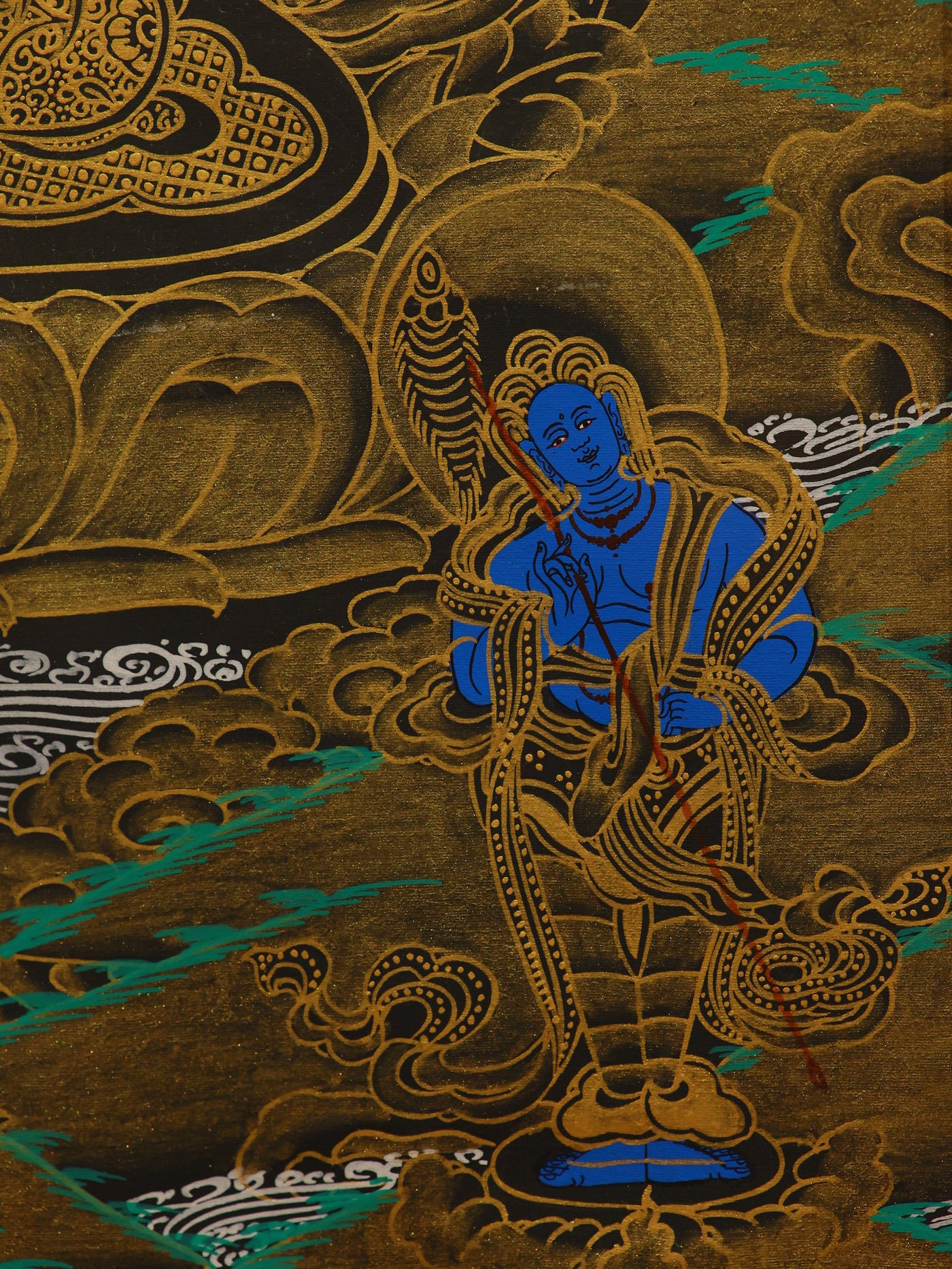 Black gold Manjushri Buddhist wall art thangka symbolizing wisdom and clarity