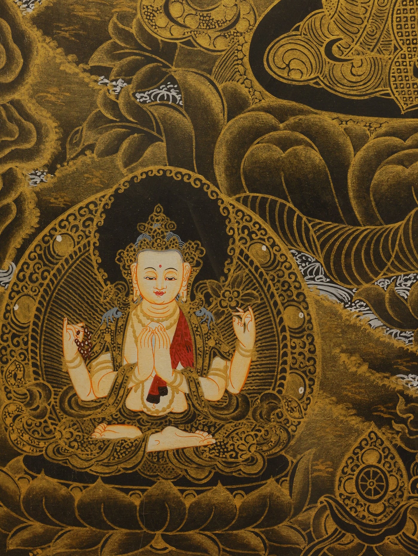 Black and gold Manjushri Thangka painting, Tibetan Buddhist artwork promoting wisdom and enlightenment.