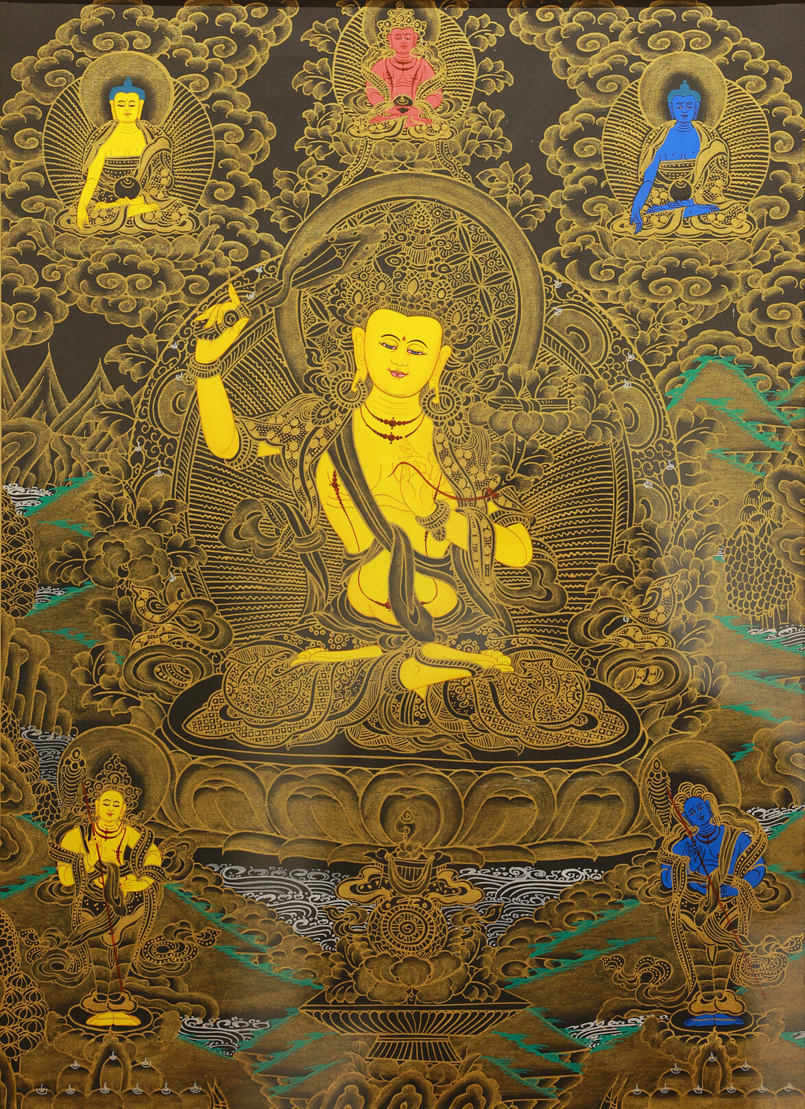 Black gold Manjushri Bodhisattva thangka depicting the Buddhist deity of wisdom in Tibetan Buddhist art