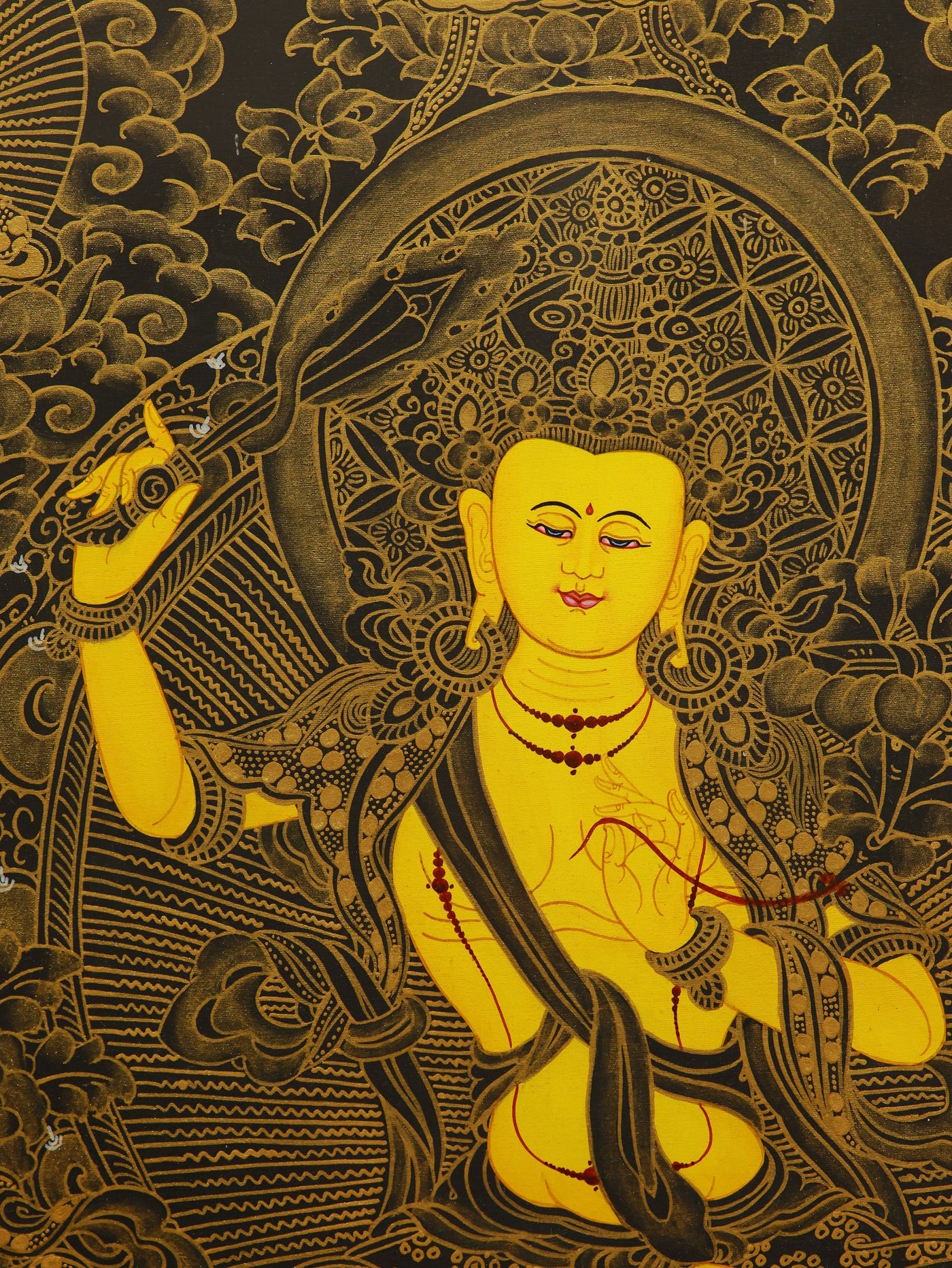 Black gold Manjushri sacred Tibetan art thangka with intricate Buddhist symbolism