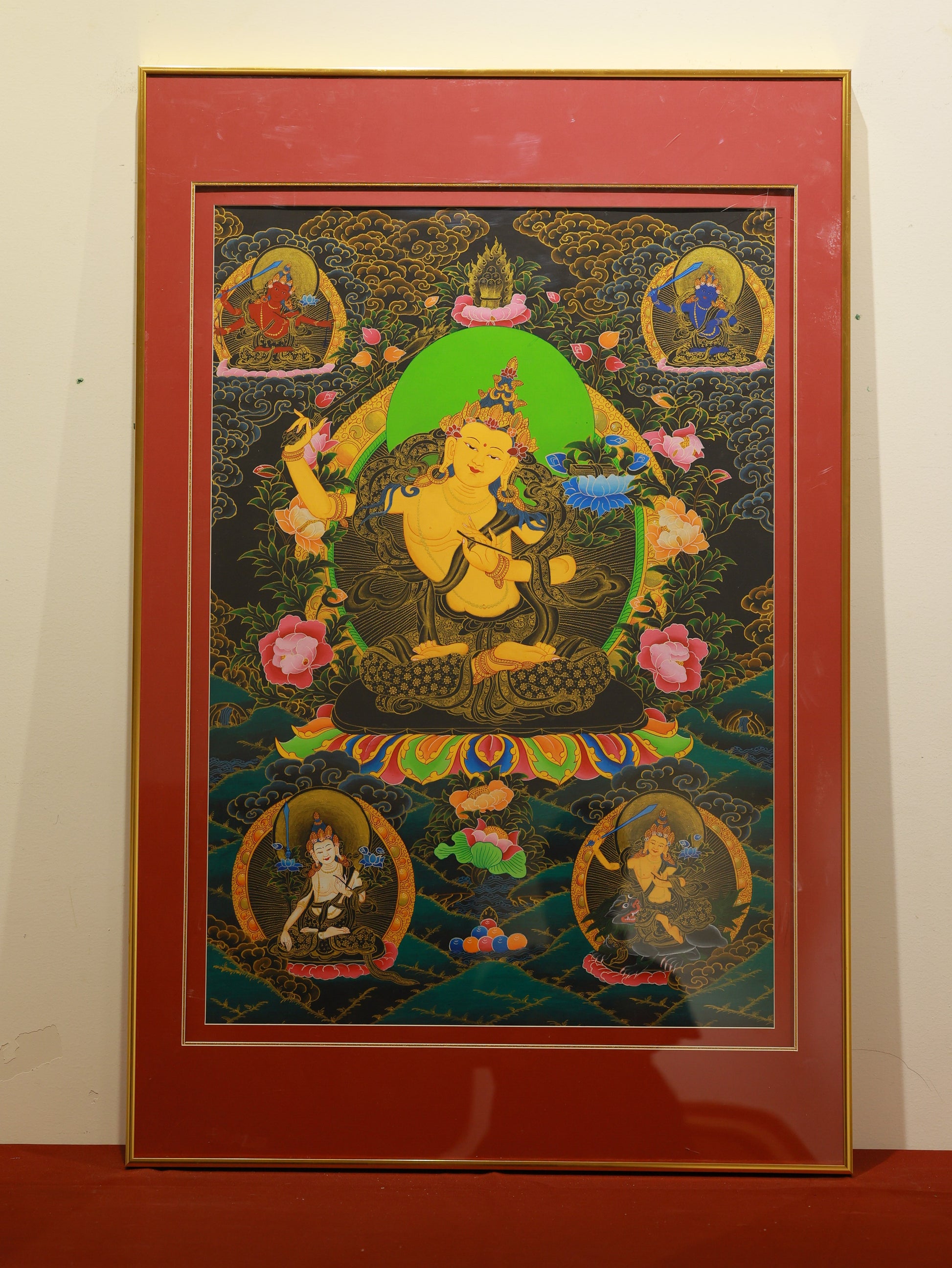 Five Wisdom Manjushri black gold thangka representing the enlightened qualities of the five Buddha families