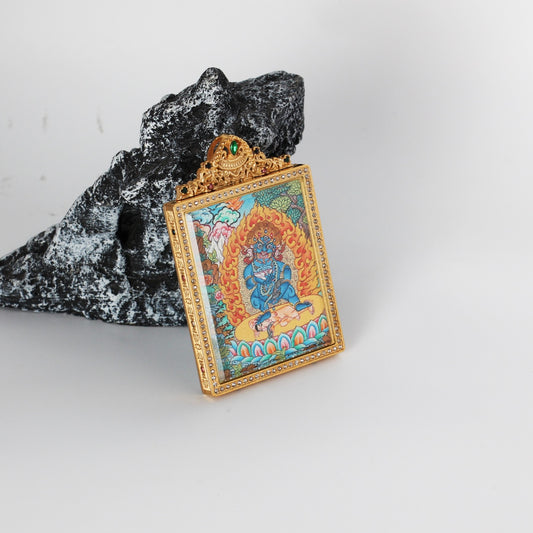  Hand-painted Nepal Premium Black Jambhala Thangka pendant featuring the Swift Wealth King, encased in titanium steel, representing swift wealth and protection in Tibetan Buddhist tradition.
