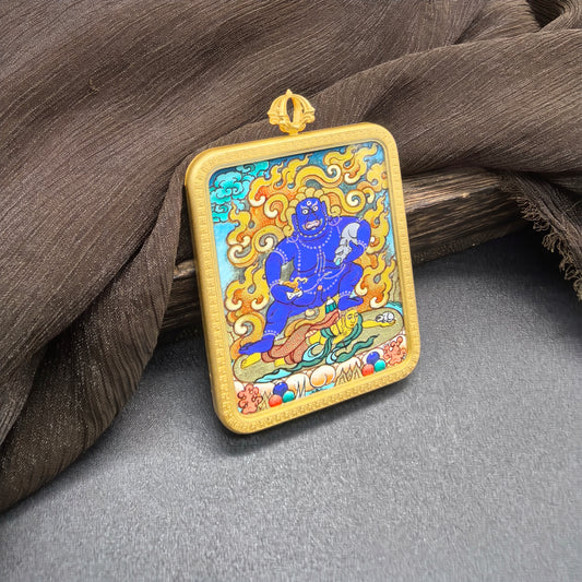  A 4x5cm hand-painted Rekong Black Jambhala (黑财神) Thangka pendant featuring the king of wealth deities, representing swift wealth and the relief of poverty in Buddhist tradition.
