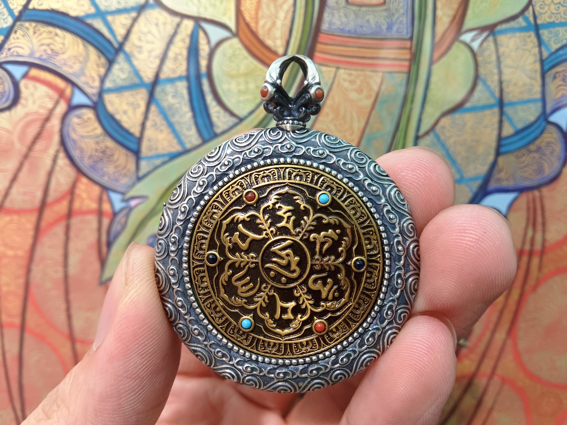  Hand-painted Tibet Card Black Jambhala (黑财神) Thangka pendant 3.5cm with 925 silver casing, Tibet Card series.
