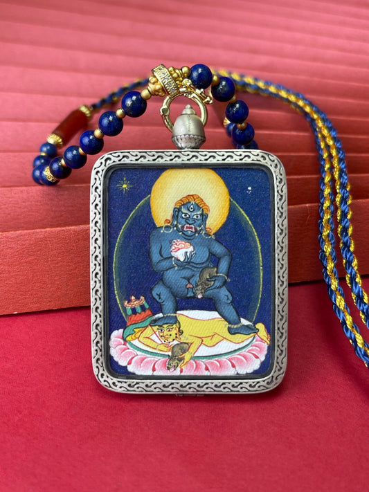  Hand-painted Tibet Black Jambhala (黑财神) Thangka pendant 3.5x4.5cm with copper casing featuring the king of wealth deities, representing instant bestowal of wealth in Buddhist tradition.

