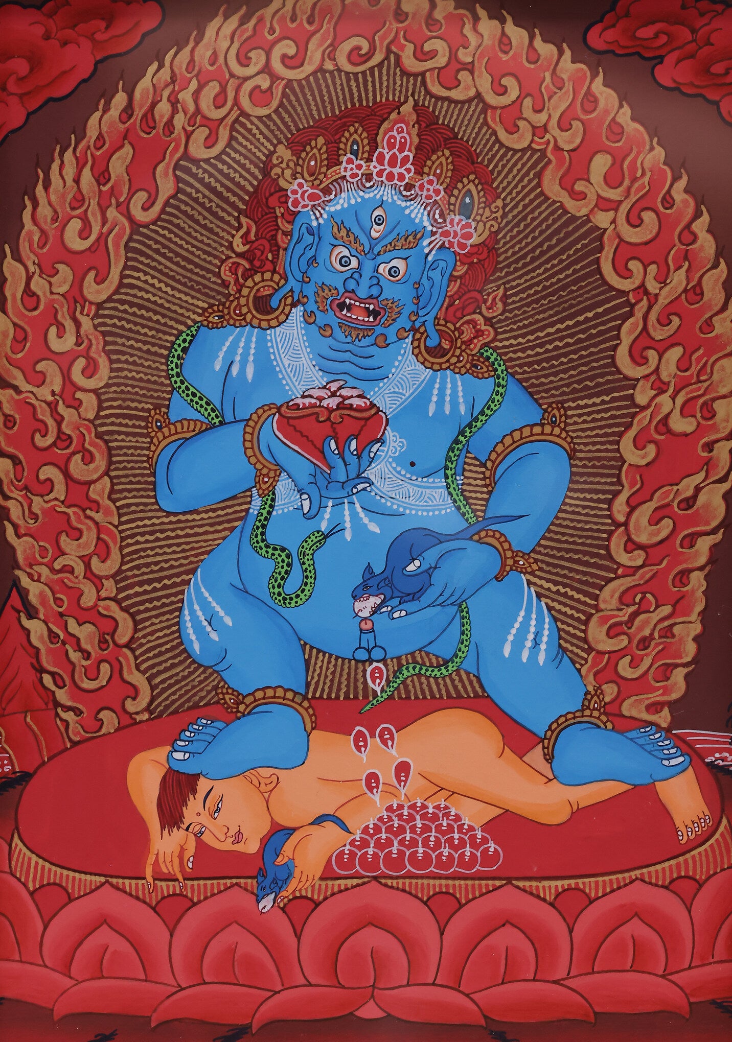 Red thangka depicting Black Jambhala, the Tibetan Buddhist wealth deity, symbolizing prosperity, abundance, and protection