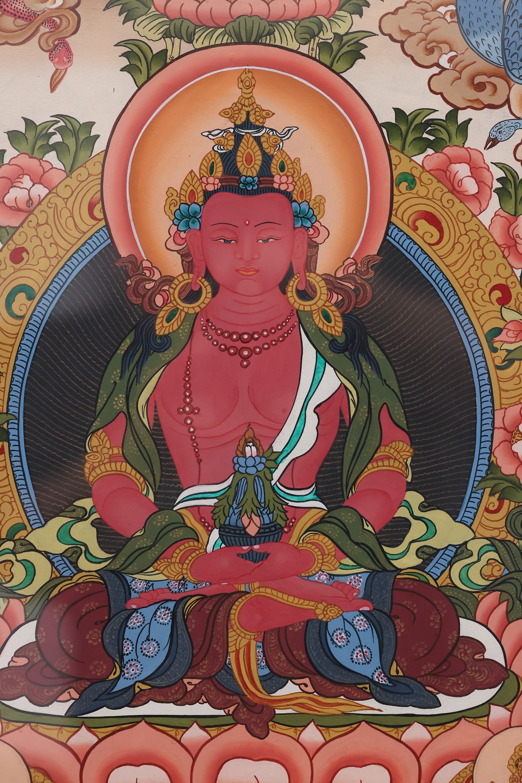 White Tara assisting Longevity Buddha Thangka, symbolizing health, longevity, and relief from suffering.