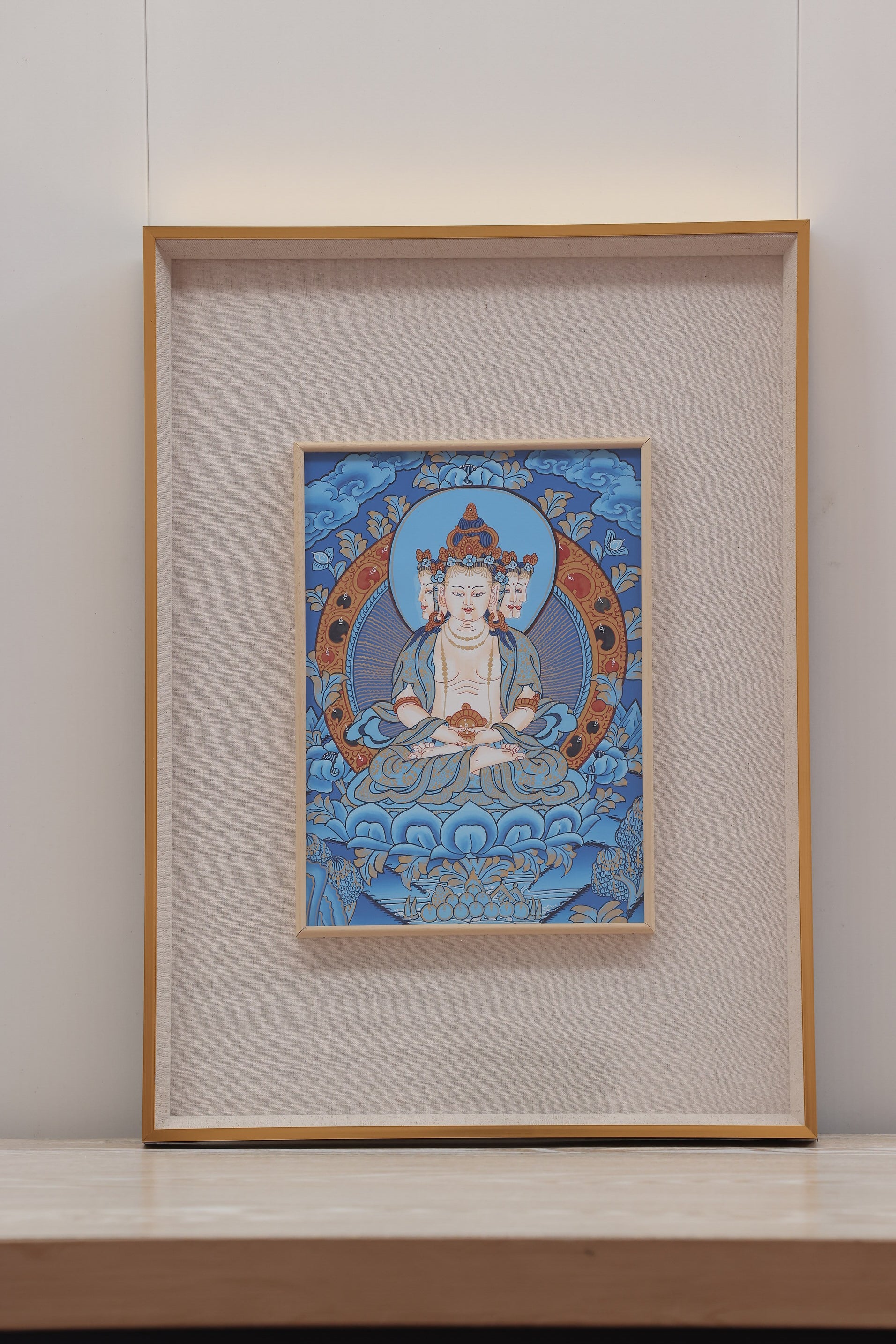 Tibetan art Thangka of Blue Dainichi Nyorai, showcasing traditional Buddhist iconography and spiritual symbolism