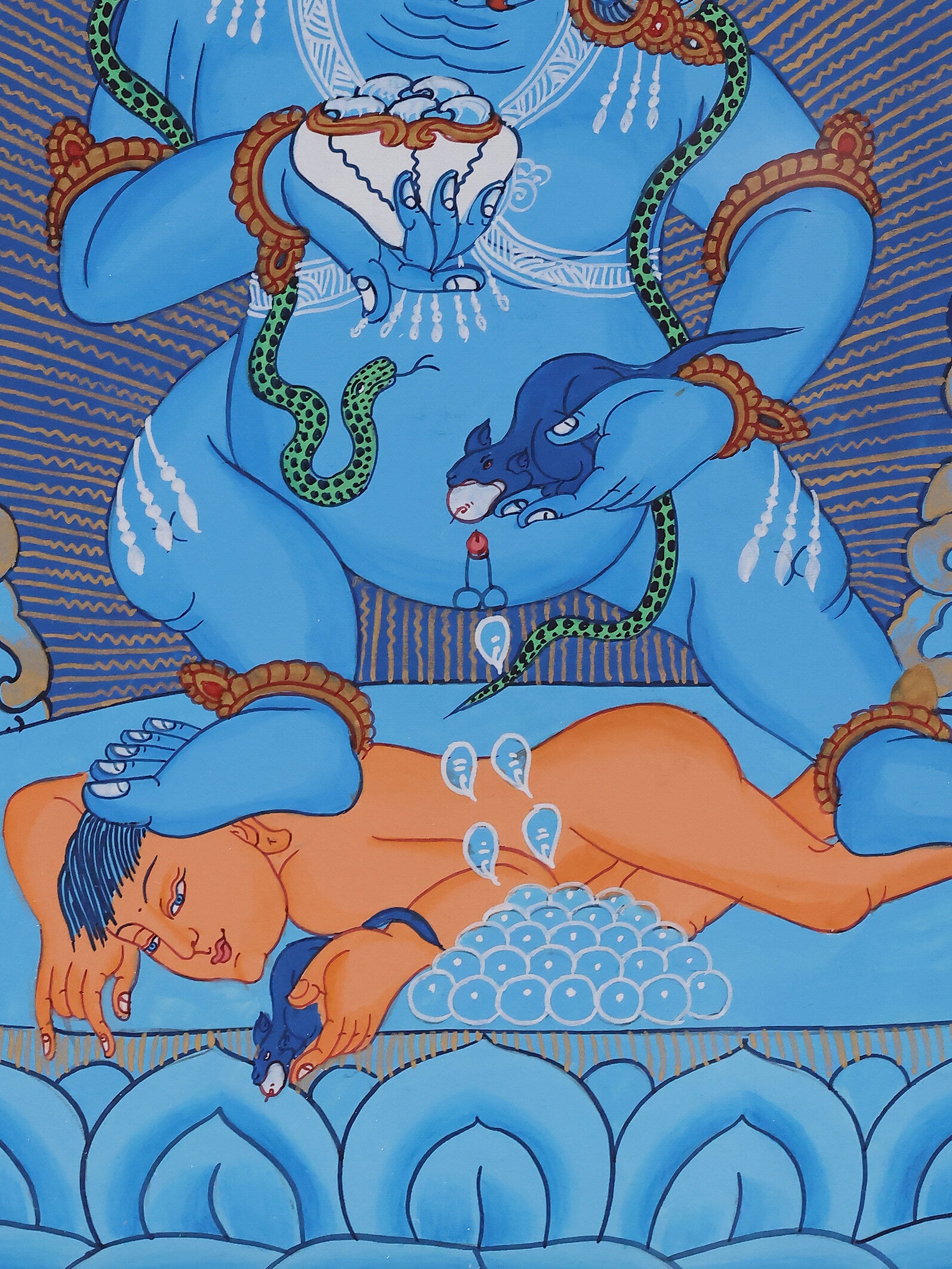 Hand-painted blue thangka featuring Mahakala, the Black Wealth God, representing abundance and spiritual power.