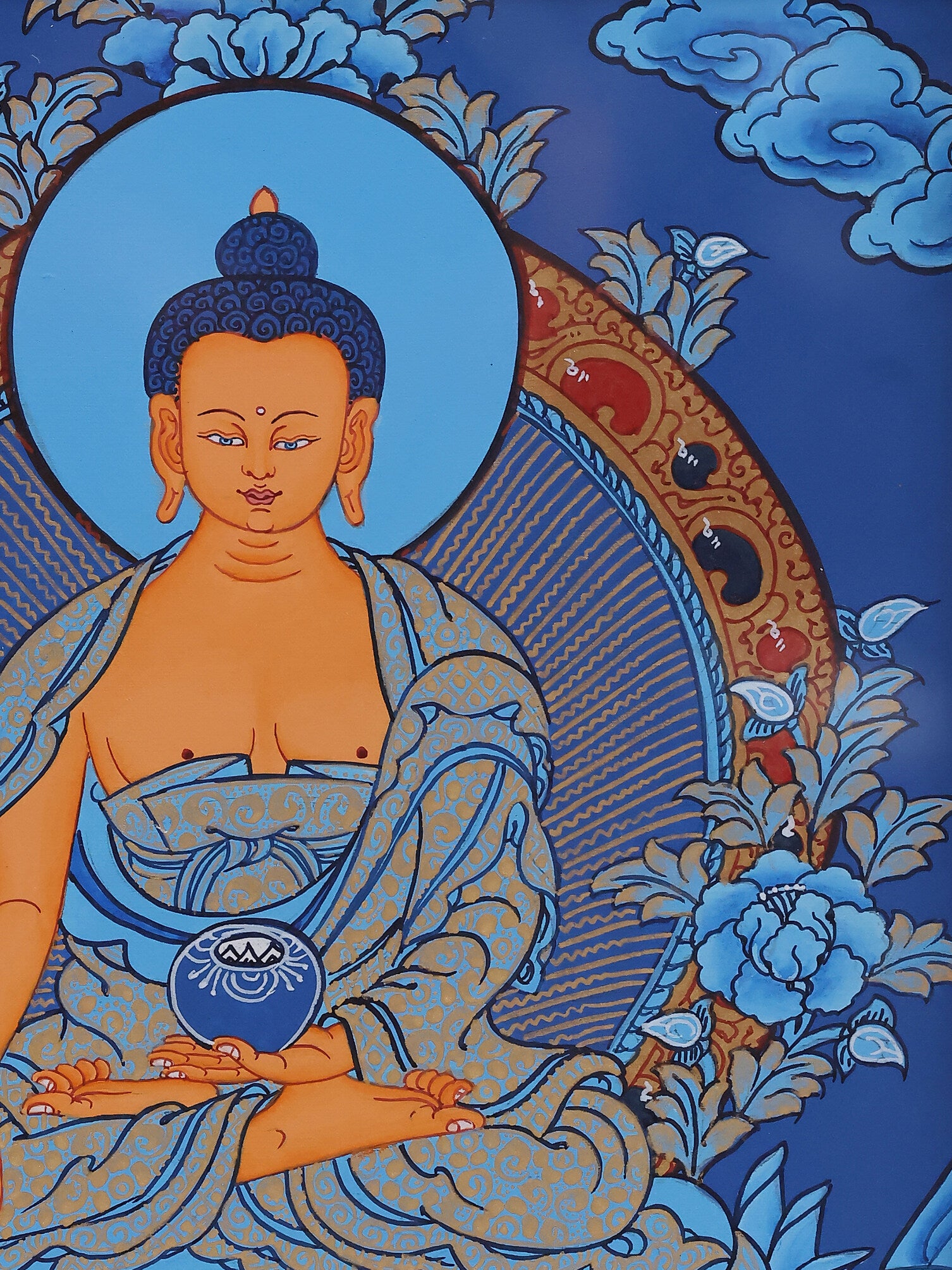 Hand-painted blue thangka of Shakyamuni Buddha in deep meditation, Tibetan Buddhist sacred art