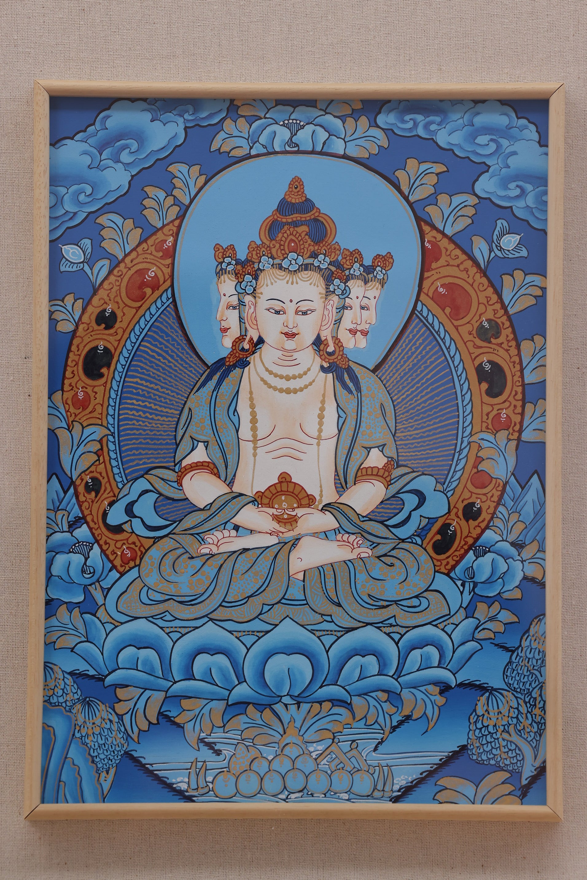 Spiritual art Thangka of Blue Dainichi Nyorai, symbolizing enlightenment, wisdom, and sacred Buddhist teachings